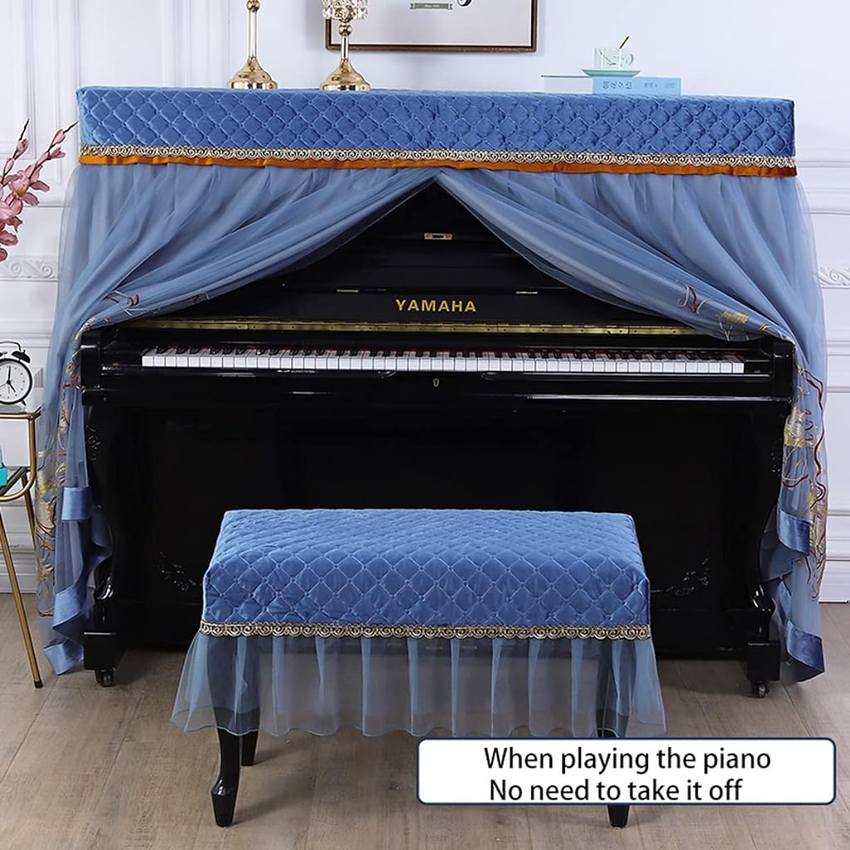 Piano stool cover full piano cover piano embroidery dust cover for universal piano universal piano 148~153 universal (blue) (Size : Double stool cover (78*38cm))