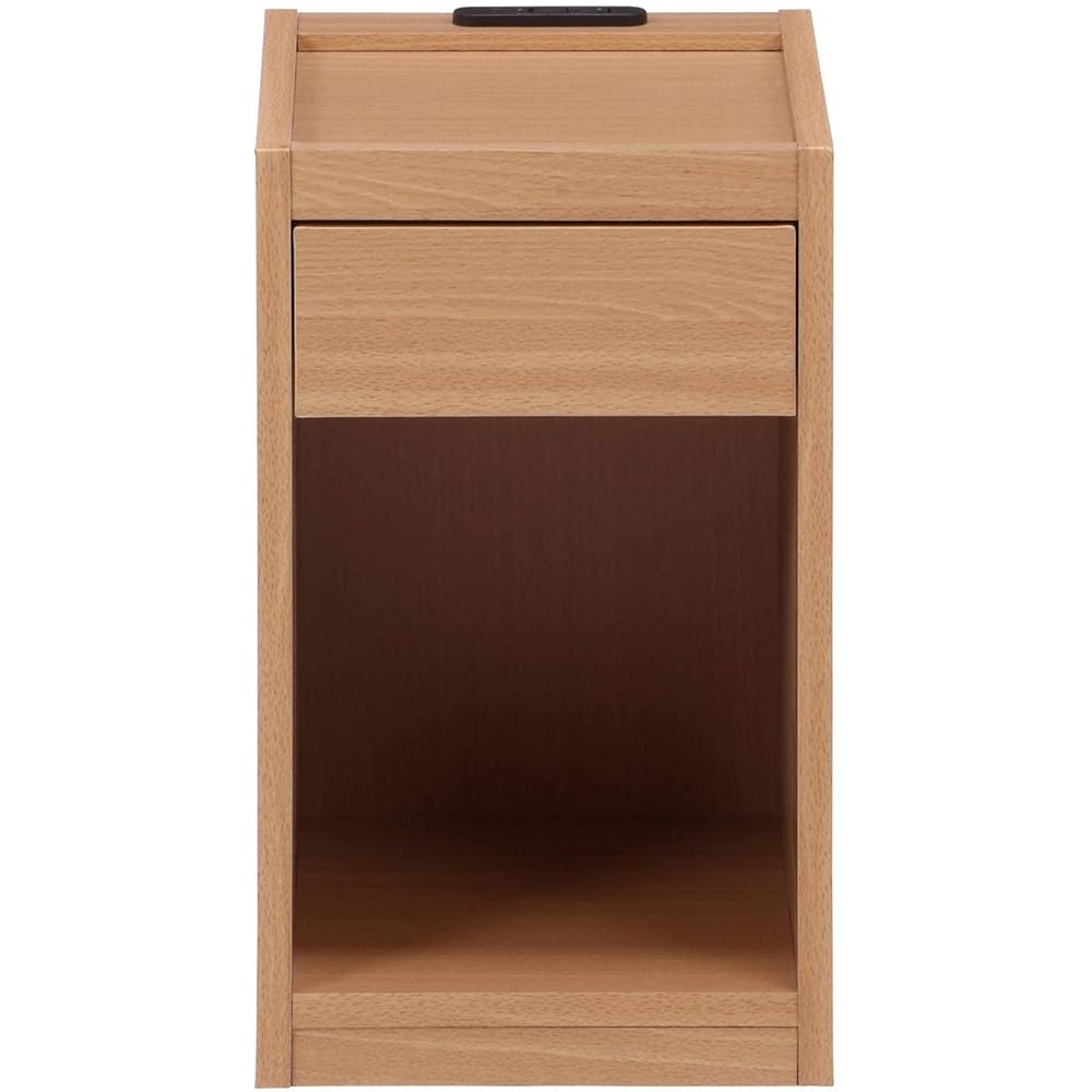 Fuji Boeki Side Table Bed Table Width 30 x Depth 36 x Height 50cm Natural Drawer Storage Shelf Compatible with A4 Size Compact with 2 Outlets 99325