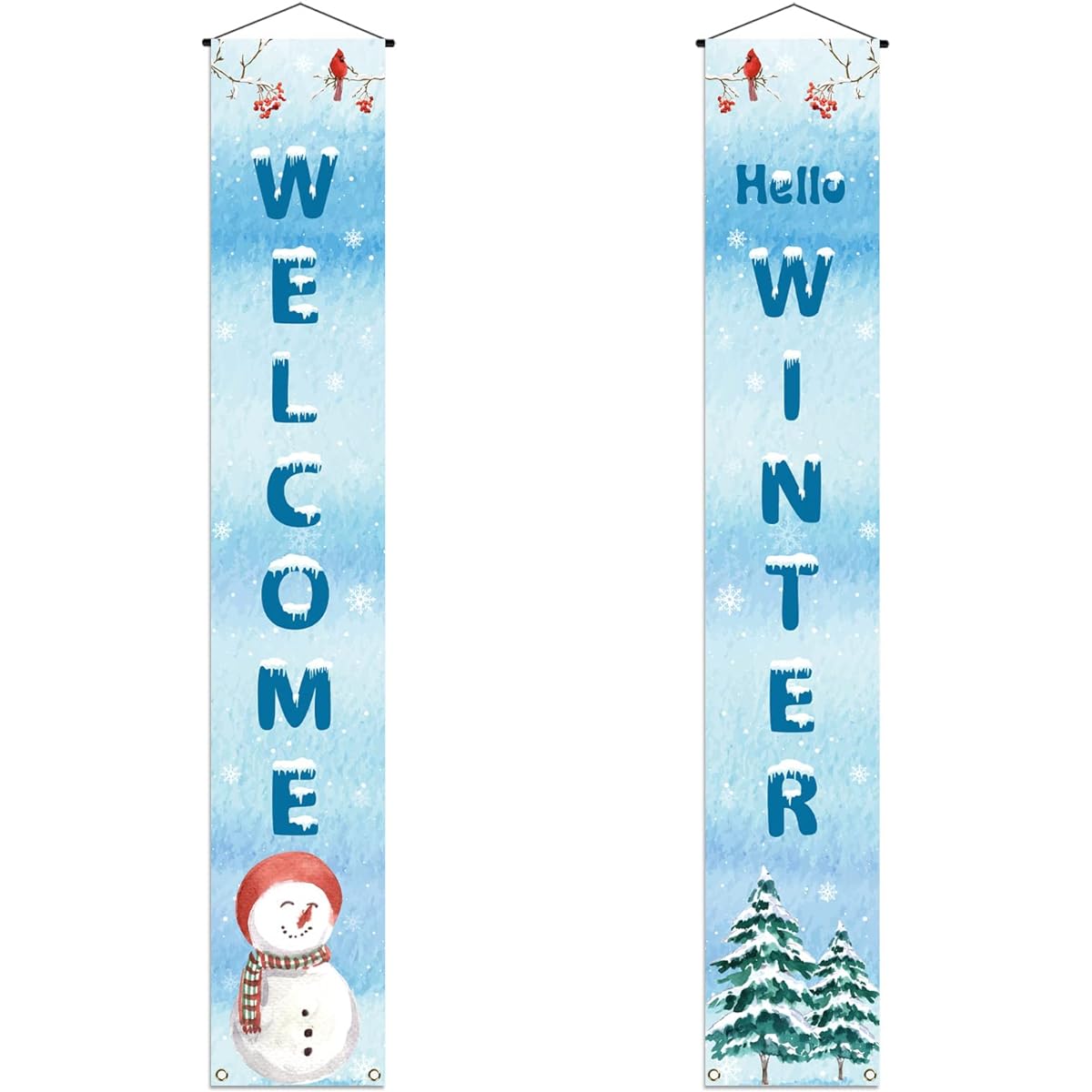 Welcome Hello Winter Porch Banner Snowman Cardinal Christmas Xmas Holiday Front Door Sign Wall Hanging Party Decorations