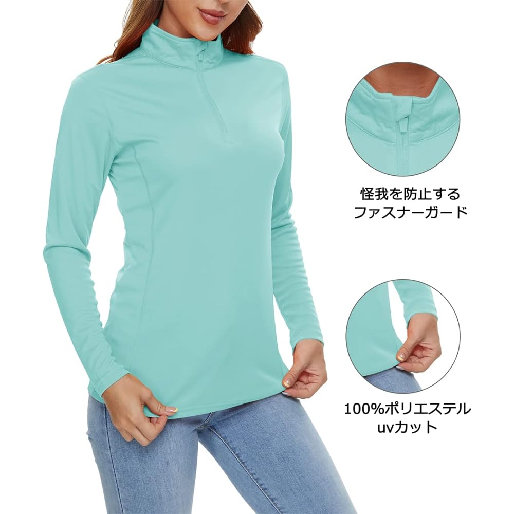 [KEFITEVD] Long Sleeve T-Shirt Women's Sports Half Zip UV Protection Sweat Absorbent Quick Drying Pullover UPF50+ Rash Guard Thin Plain Golf Wear Tops