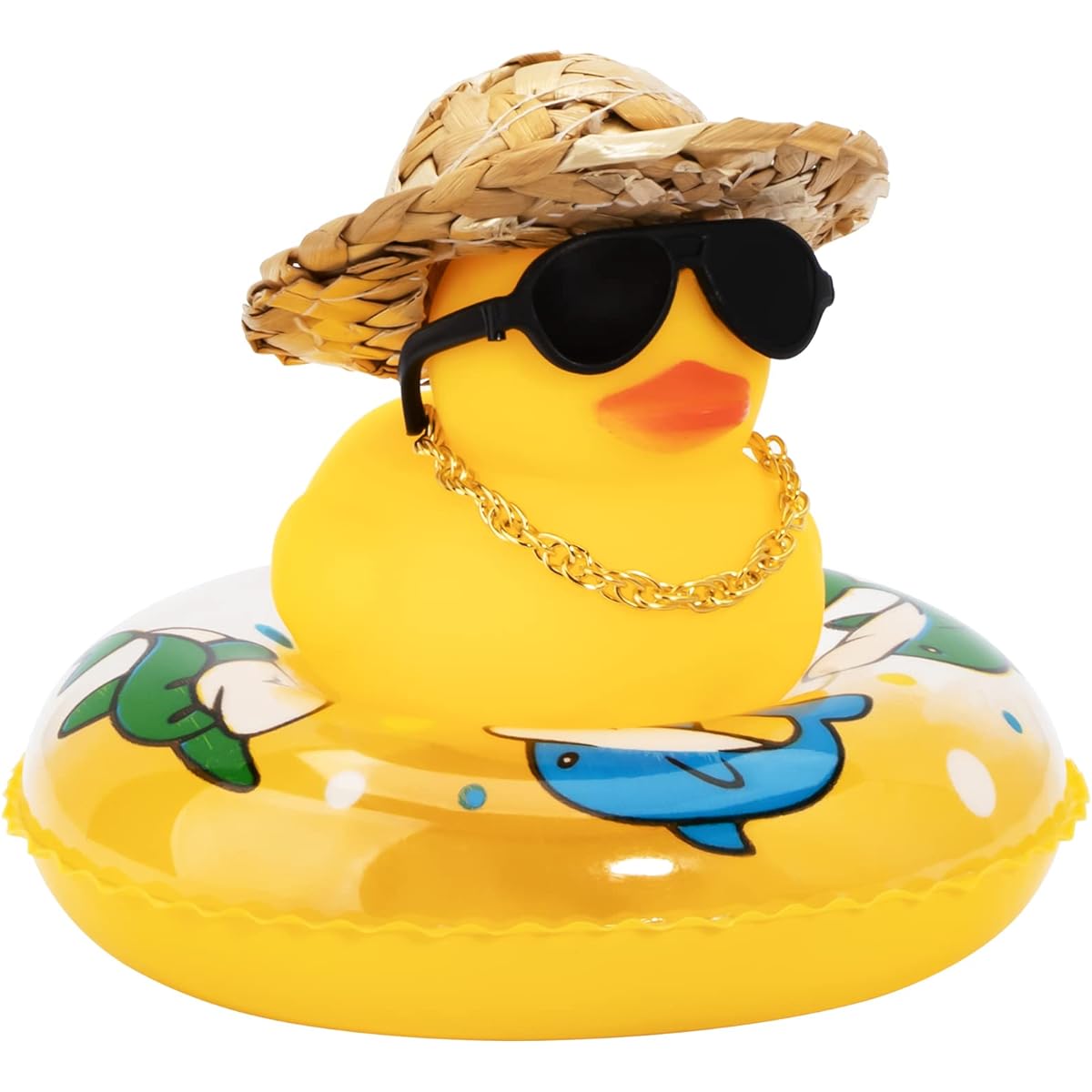 wonuu Rubber Duck for Car, Yellow Duck Decorative Dashboard Sun Hat Swim Ring Necklace Sunglasses for Car Dashboard Decoration