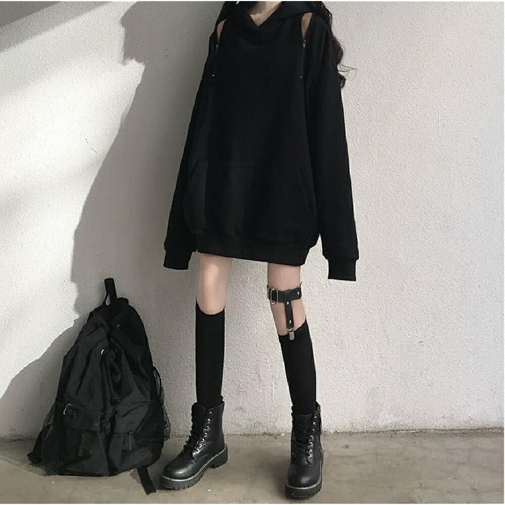 [AiO JAPAN] Parka, both shoulders, hooded, black, big silhouette, off-shoulder, Korean fashion, Gothic, Gothic Lolita