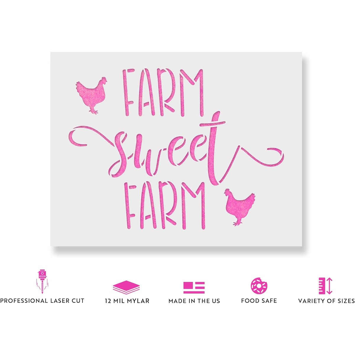 Farm Sweet Farmhouse Chicken Sign Stencil - Reusable Stencils for Painting - DIY Farm Farmhouse Chicken Sign Home Decoration 5"x6" White