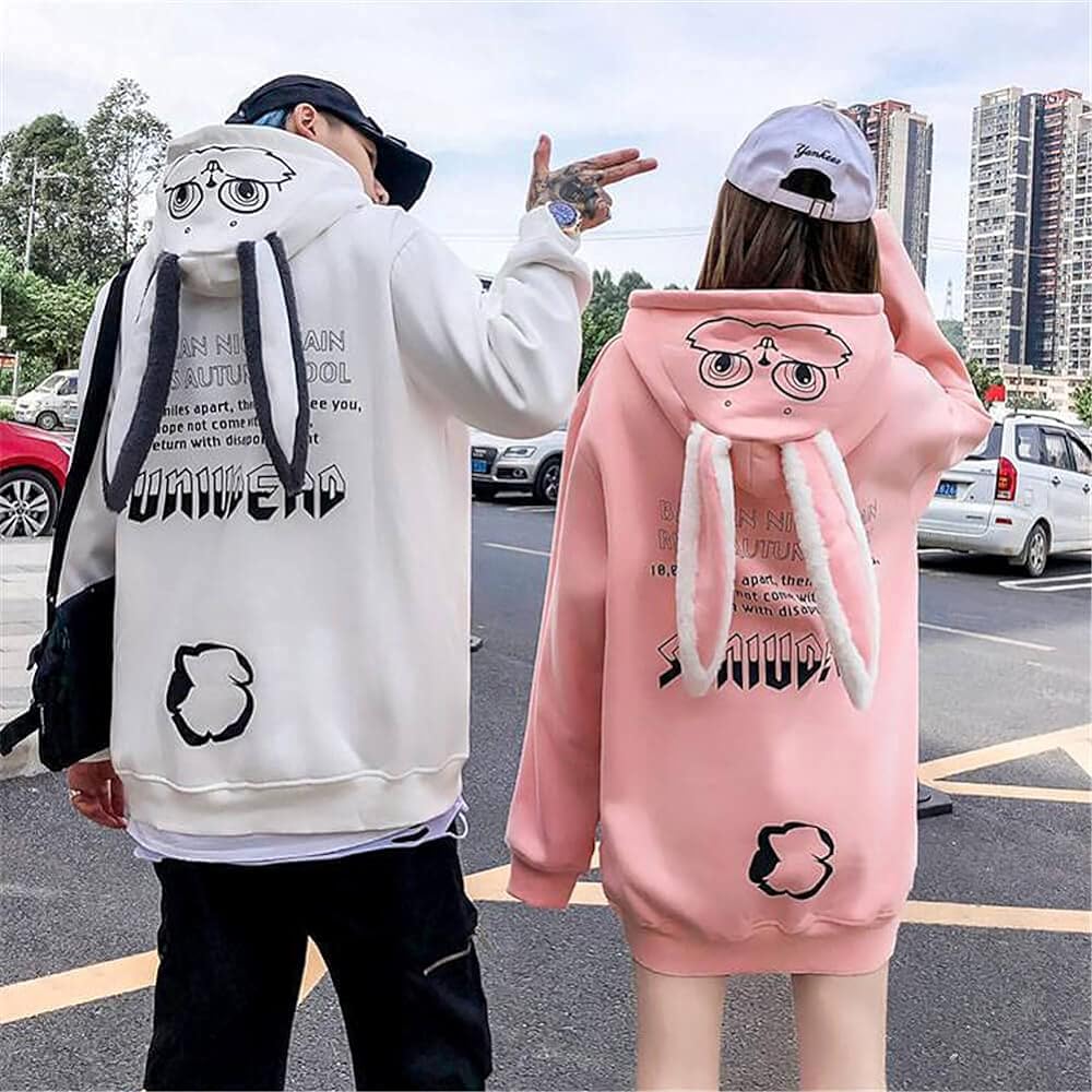 [JUTAOPIN] Matching Look Couple Parka Fleece Lined Couple Matching Sweatshirt Pullover Men's Coat Jacket Long Sleeve Tops Women's Loose Large Size Outerwear Unisex White Black Pink Rabbit Ears L LL 3L