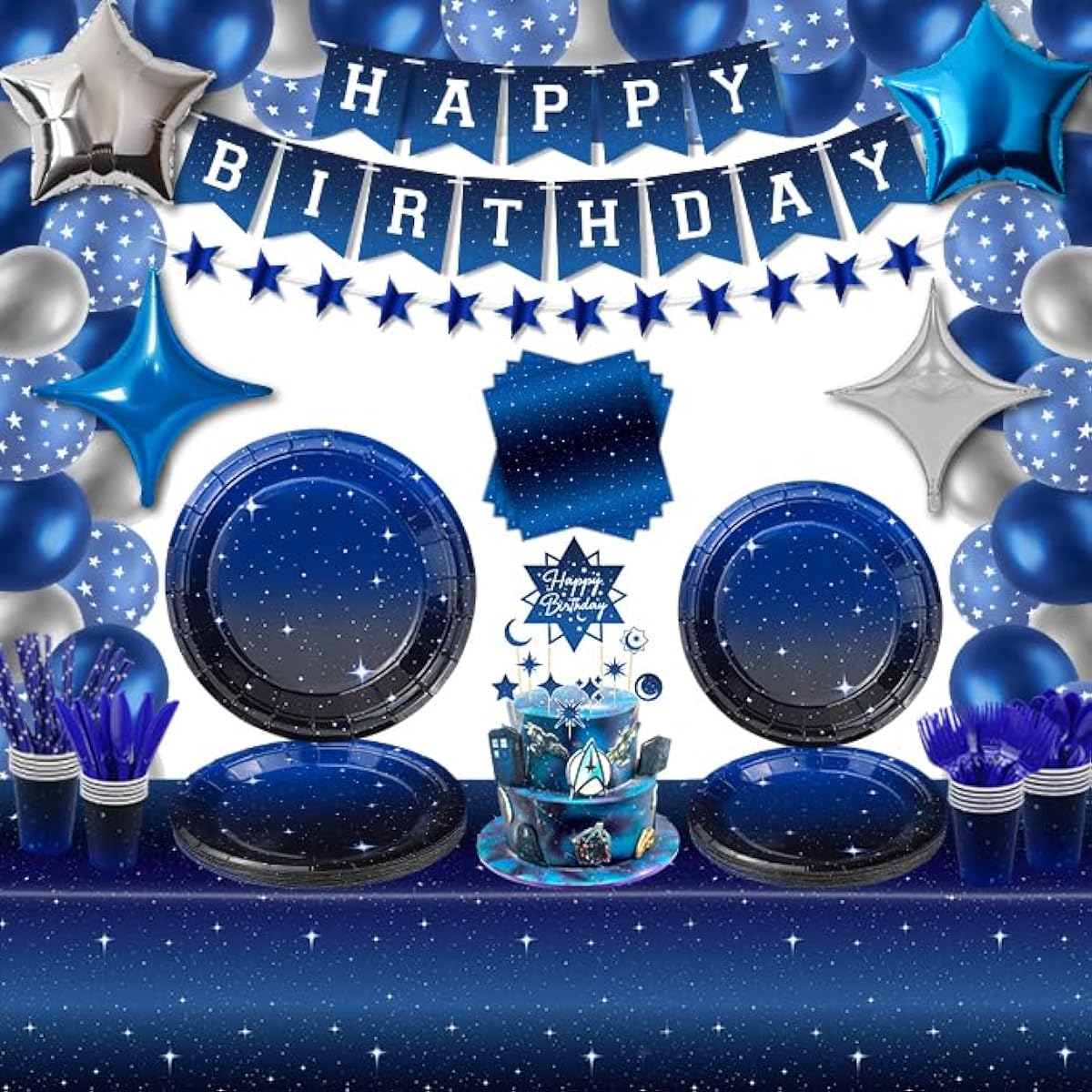 Outer Space Galaxy Party Supplies Starry Night Tableware Set Space Happy Birthday Banner Stars Balloons Moon Garland Outer Space Tablecloth Galaxy Planet Theme Birthday Party Decorations for 20 Guests