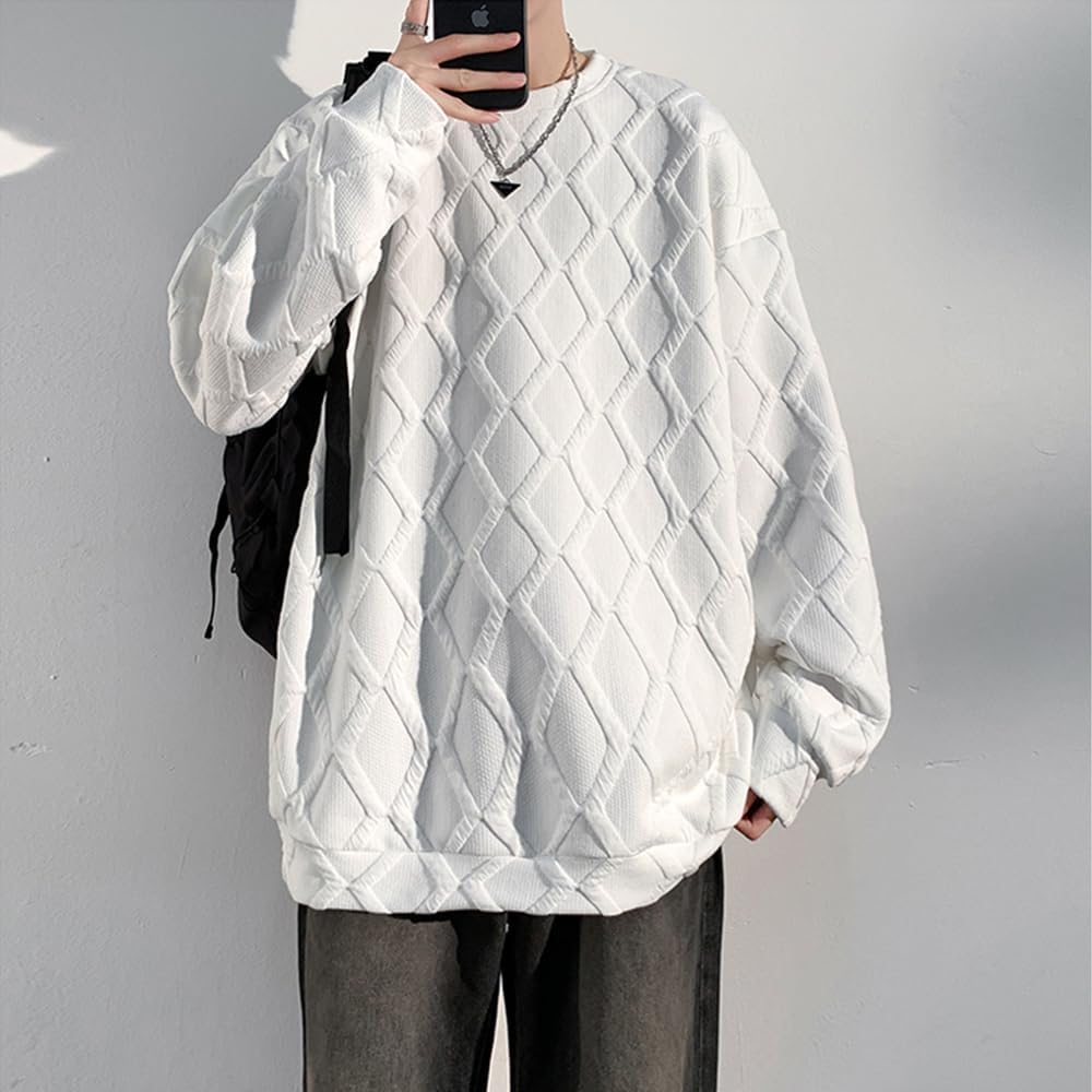 [YEOREO] Men's Sweatshirt, Long Sleeve, Large Size T-Shirt, Autumn, Winter, Plain, Loose Waffle, Stylish, Hoodie, Men's, Popular, Pullover, Round Collar, Spring, Autumn, Winter