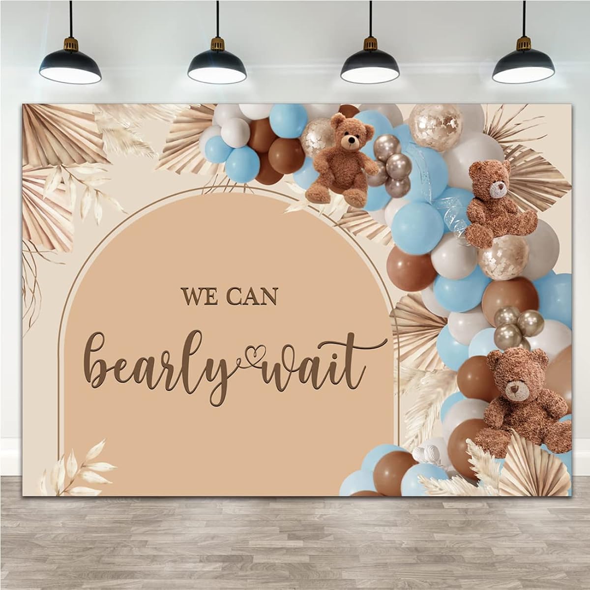 Lofaris Blue and Brown Bear Baby Shower Backdrop We Can Bearly Wait Balloon Boho Leaves Backdrop Party Cake Table Decoration Photo Booth Props 7x5ft