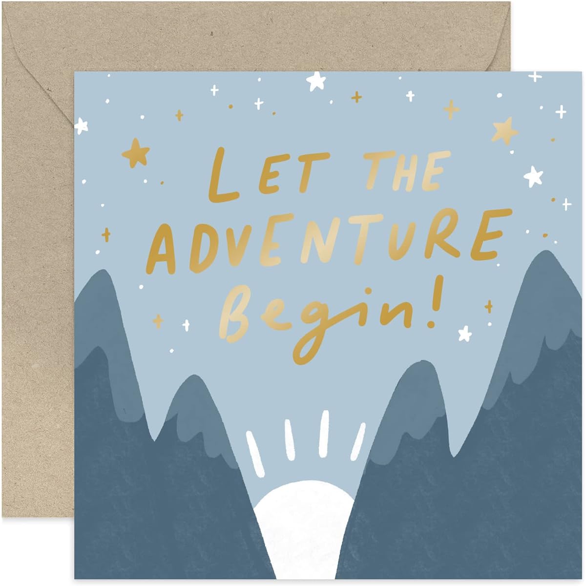 Old English Co. Let The Adventure Begin Good Luck Card for Him Her - Well Done New Job / Graduation / Retirement / Retirement / Moving Card - Gold Leaf Mountain Design | Blank Inside Comes with Envelope