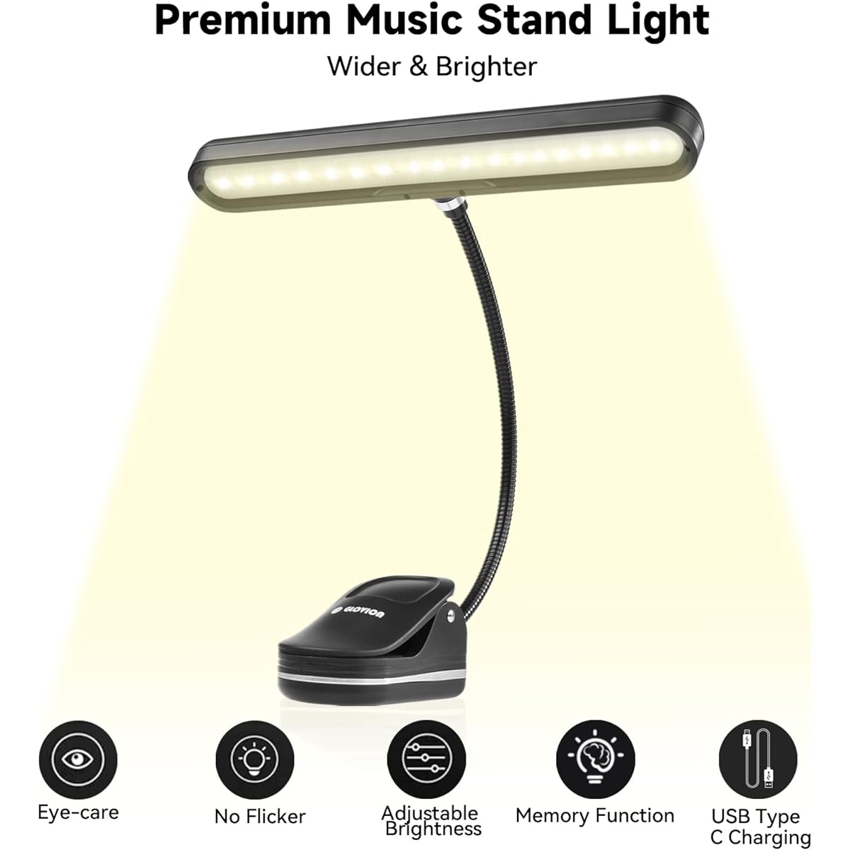 Glovion Music Stand Light Clip-on Piano Light 37 LED Book Light 3 Levels Brightness Stepless Dimmable Color Orchestra Light USB Rechargeable Perfect for Piano/Guitar/Orchestra/Reading/Sewing Crafts