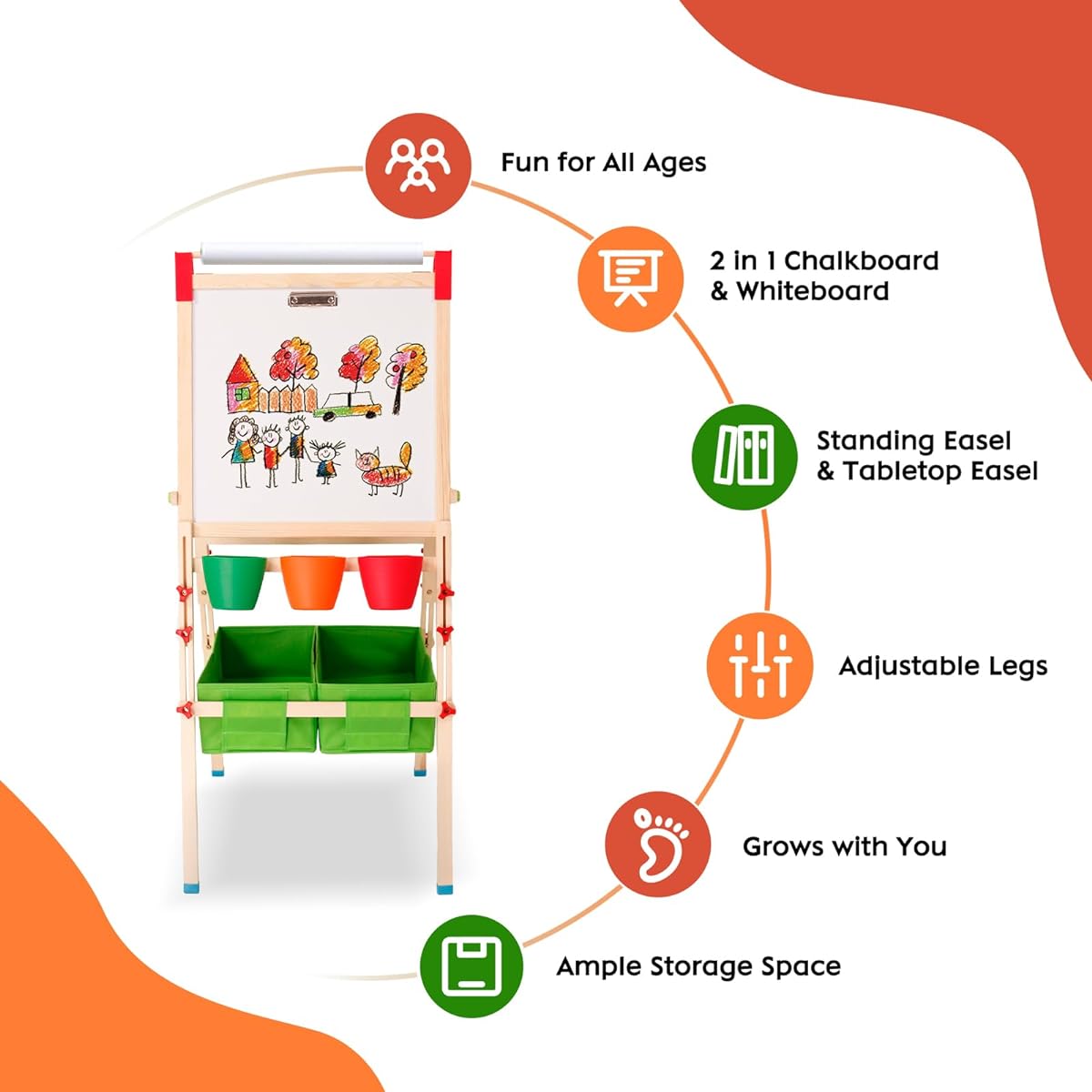Kids Easel Wooden Kids Art Easel Double Sided Standing Easel for Children Adjustable Height Preschool Art Easel with Paper Roll Storage Box Watercolor Pens for Ages 2-15