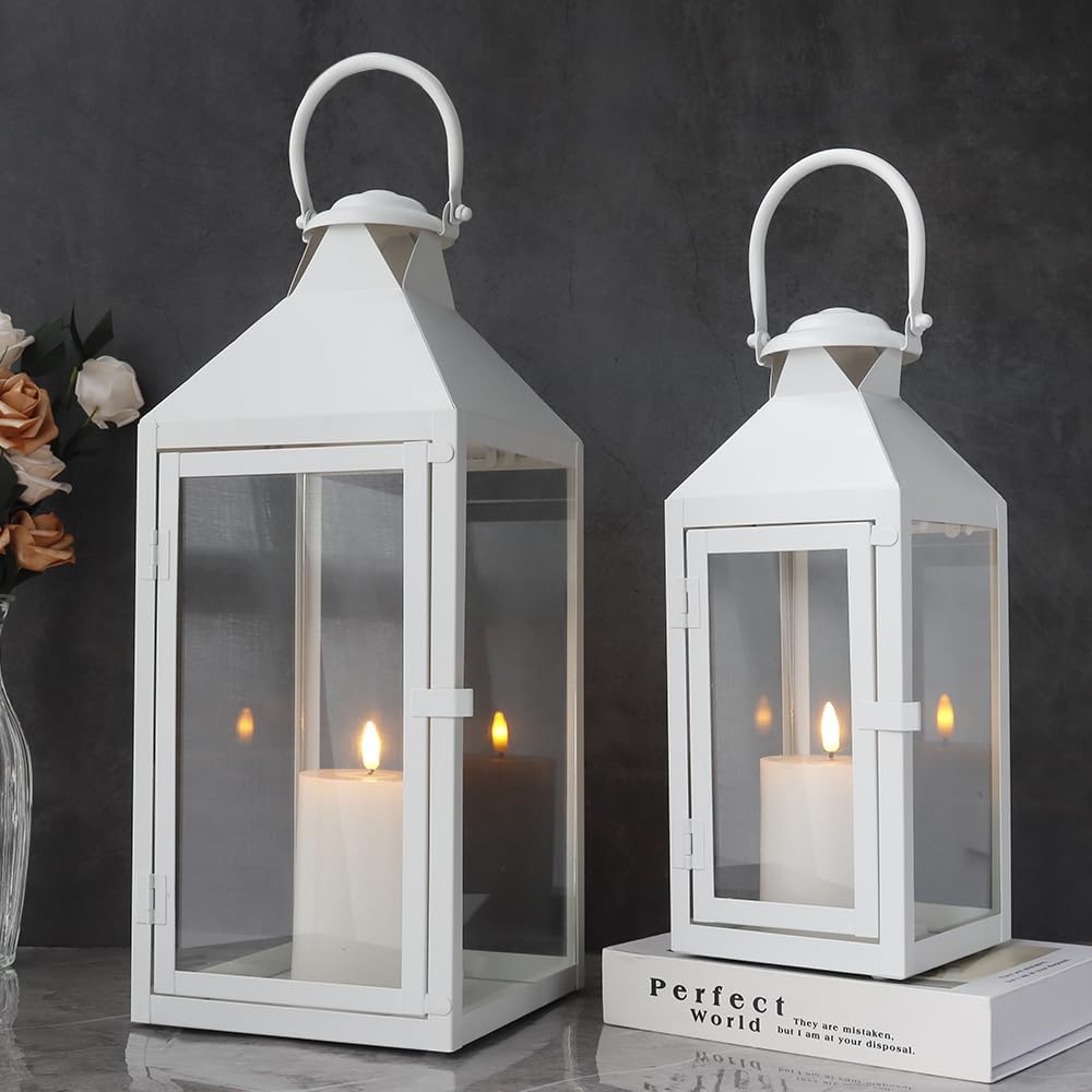 JHY DESIGN Set of 2 Candle Holders Height 45/24cm Retro Style Metal Candle Lantern Stylish Indirect Lighting Windproof Antique Candle Stand Indoor/Outdoor Lighting Stylish Interior Goods Bar Office Room Wedding Birthday Christmas Present (White)