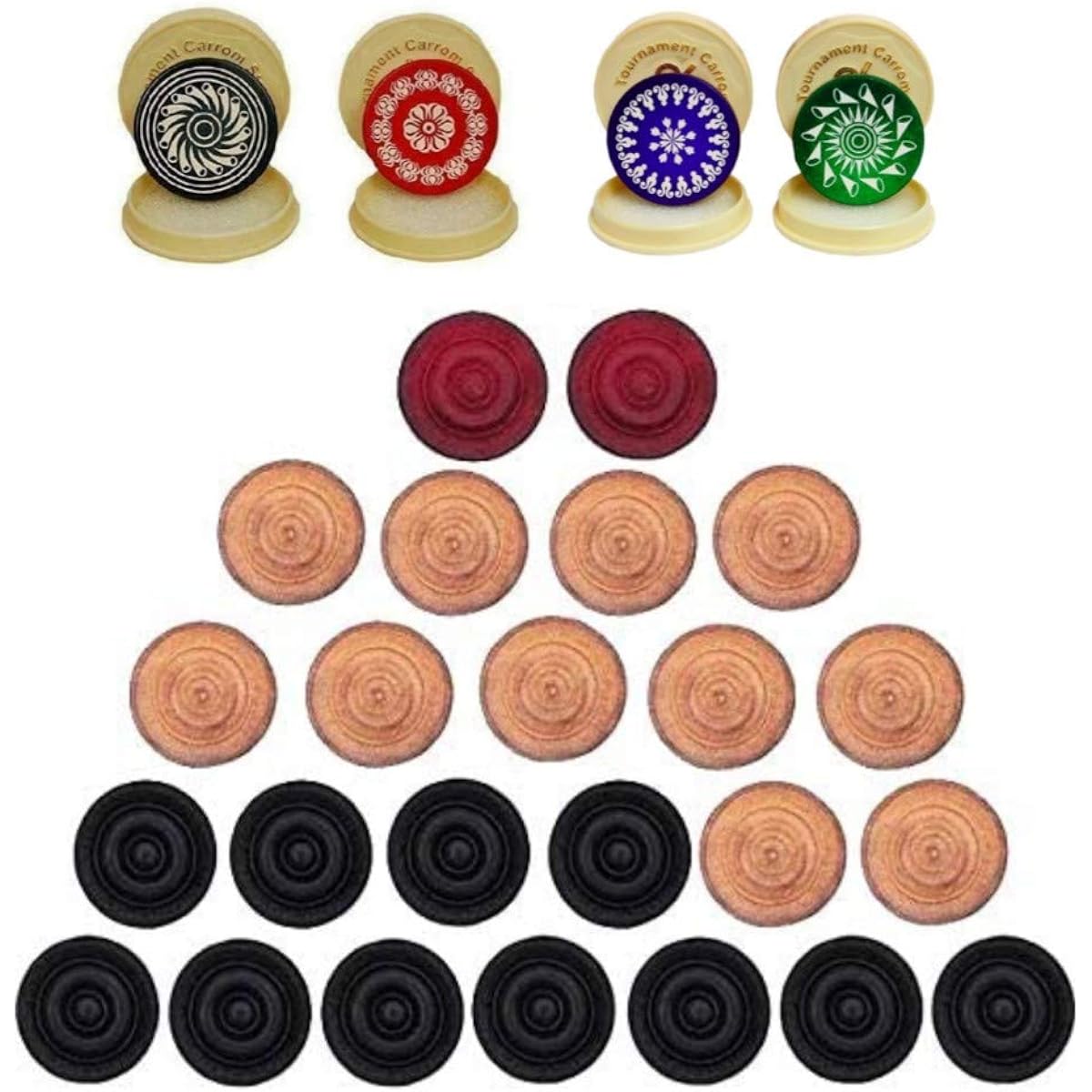 Carrom Board Wooden Coins Tournament Striker Professional Set (24 Carrom Board Pieces + 4 Striker Random Designs with Case) - White/Red/Black