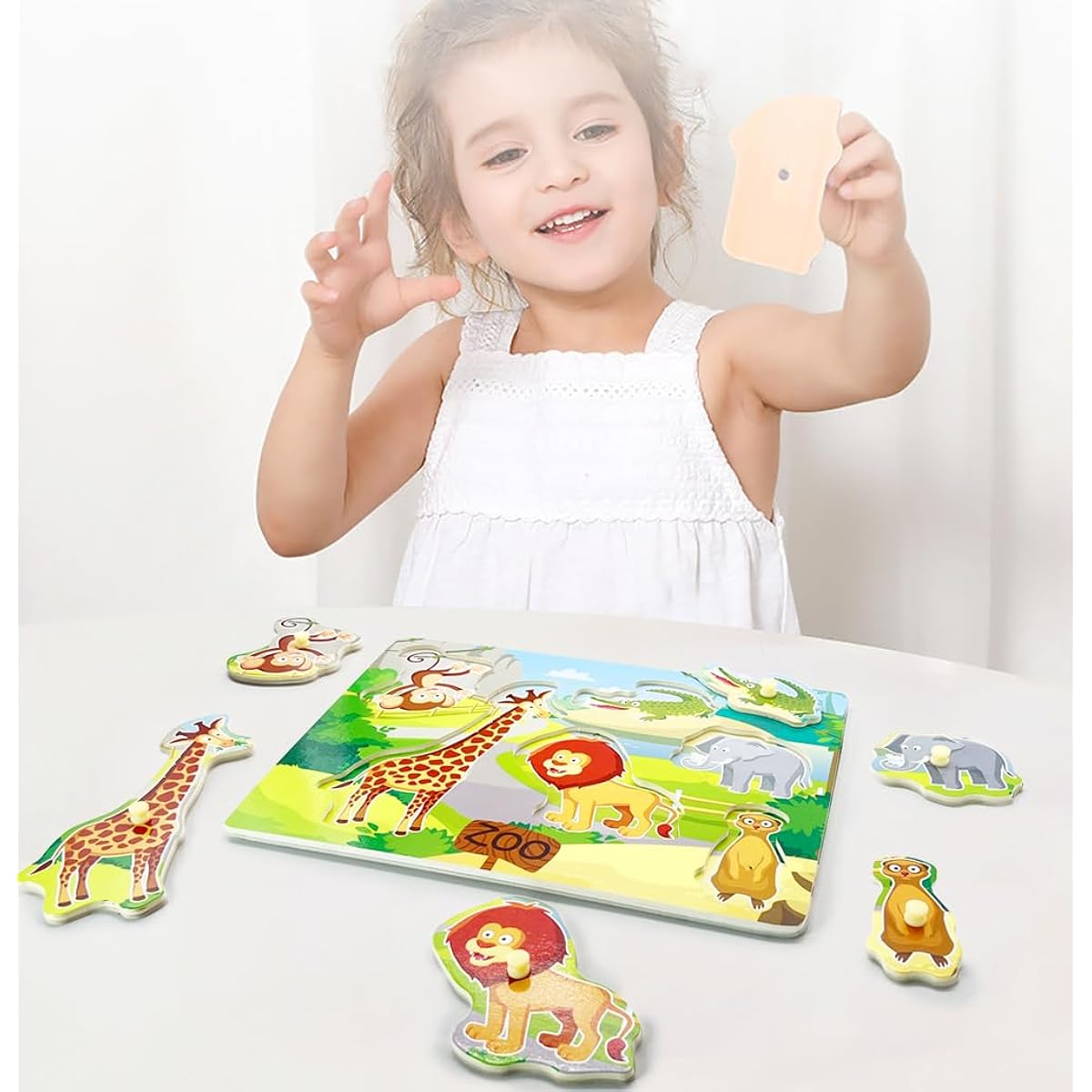 Wooden Peg Baby Puzzle Full Color Photo Animal Shape Chunky Puzzle Jumbo Knob Zoo Puzzle for Toddlers 18 Months and Up 6 Pieces