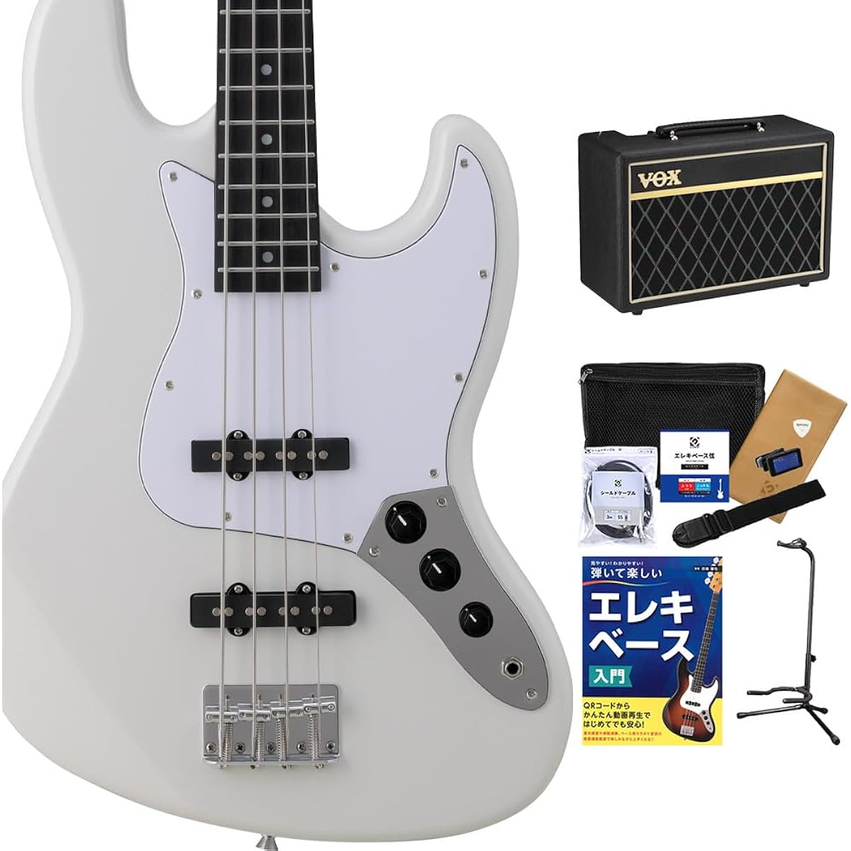 BUSKER'S BJB-Standard GWT Beginner's Bass Set with VOX Amplifier, Jazz Bass Type, Roasted Maple, Gray White, Busker's