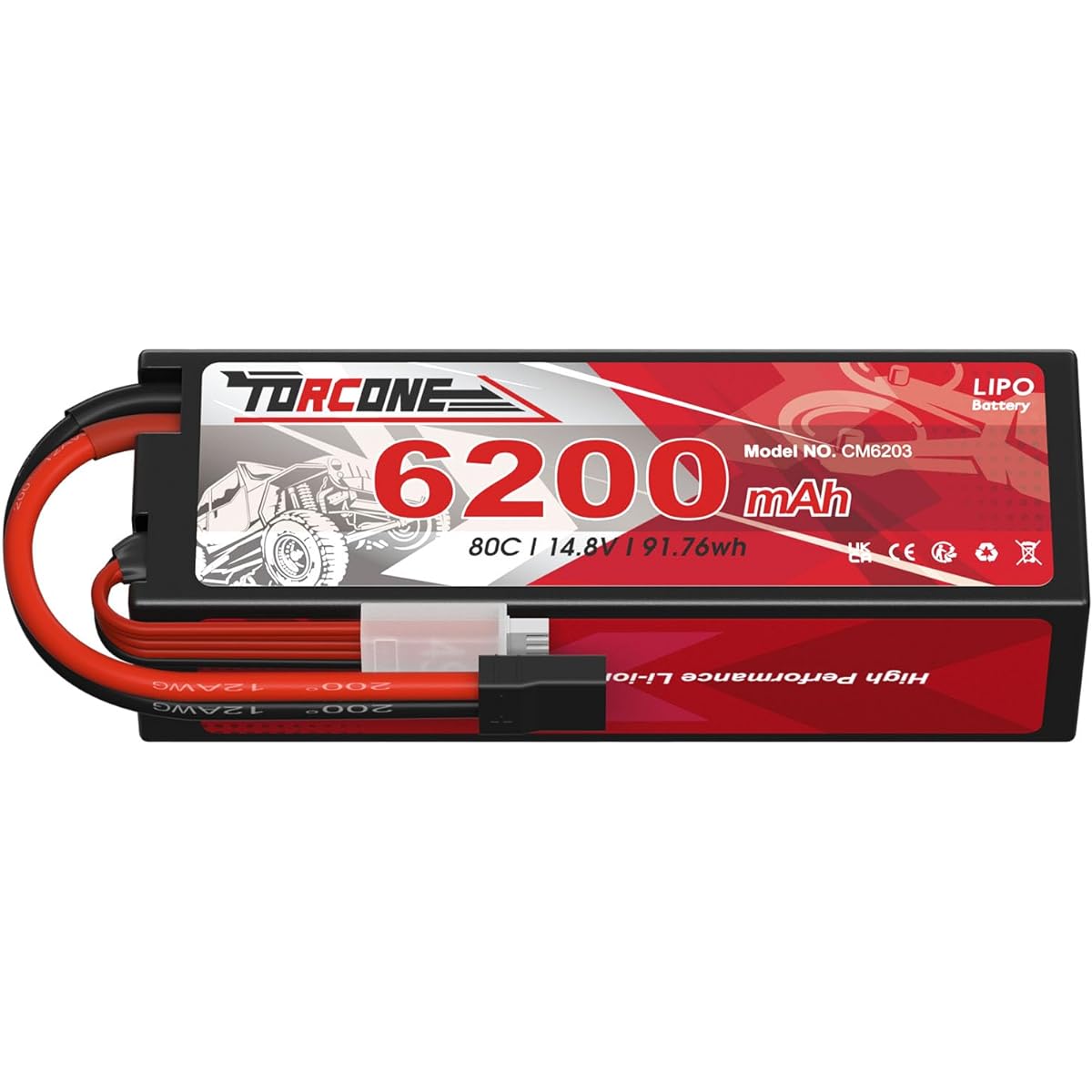 TORCONE 14.8V Lipo Battery 4S 80C 6200mAh Lipo Hard Case with TR Connector for RC Car Truck 1/8 1/10 RC Vehicle