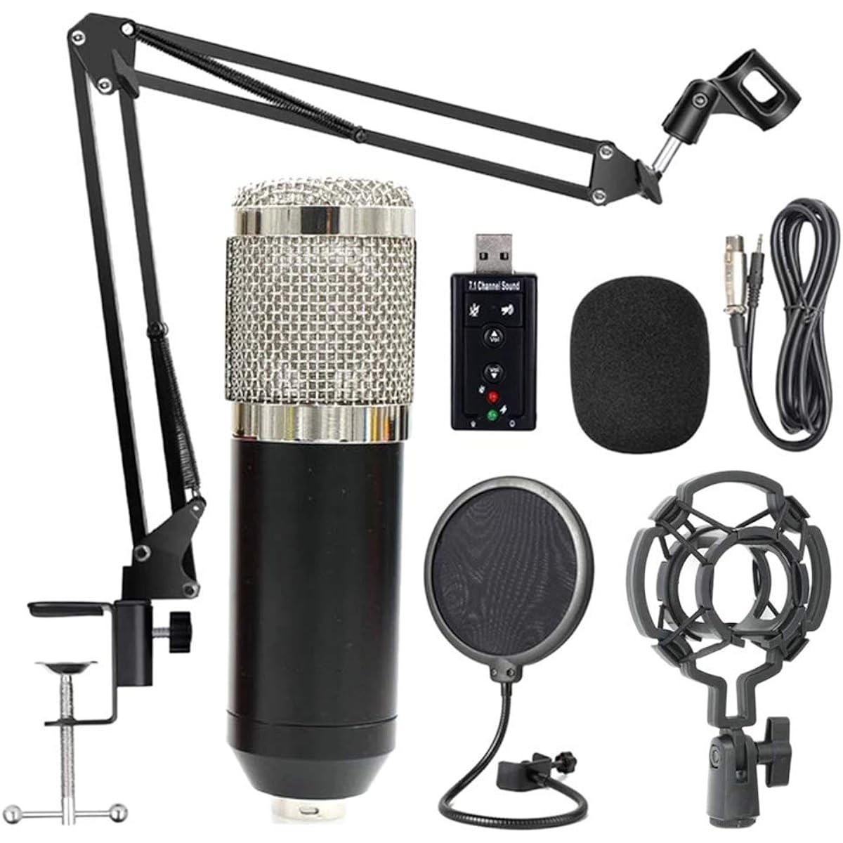 Professional Suspension Microphone Kit Studio Live Stream Broadcast Recording Condenser Microphone Set (Black+Silver) Vocal Mic