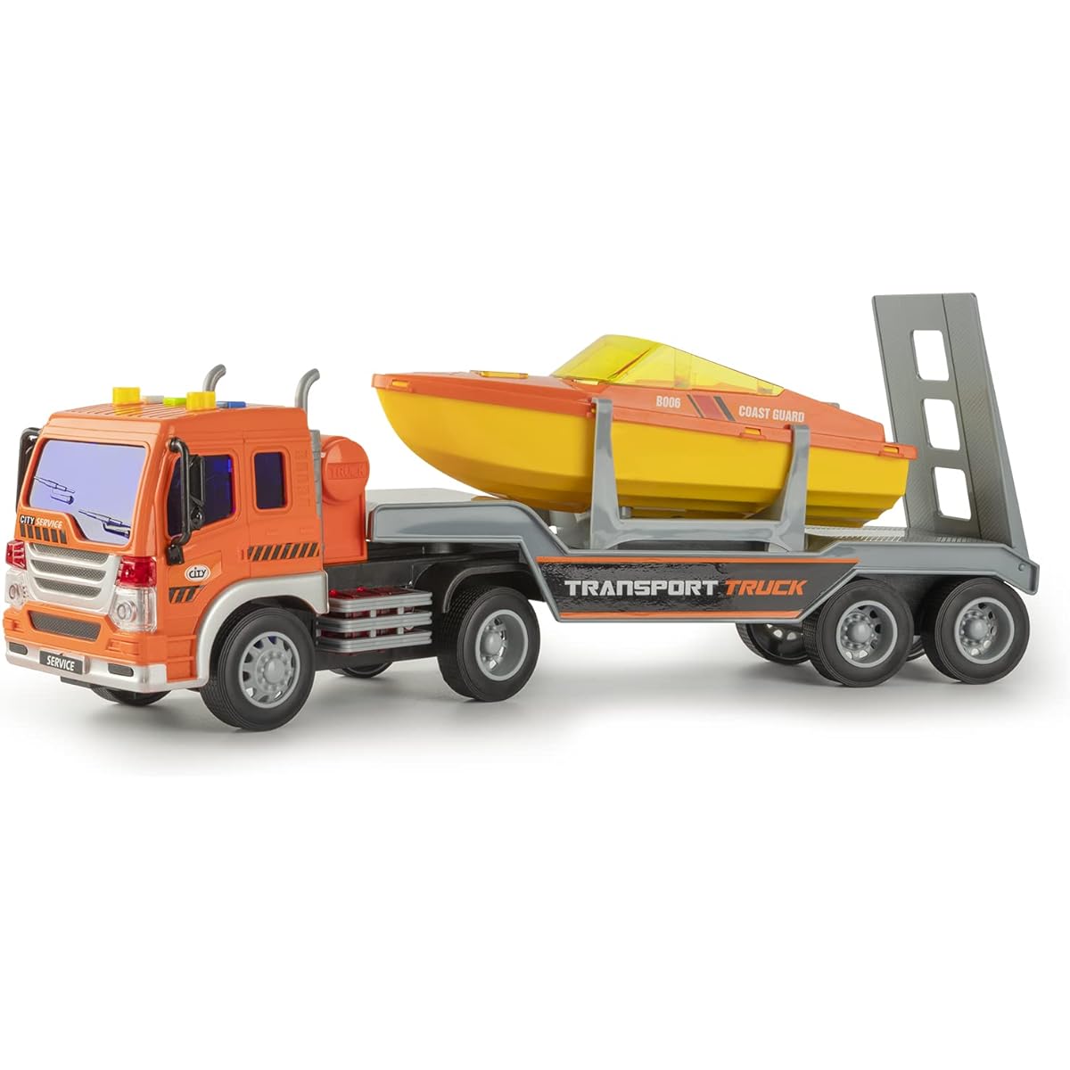 Big Toy Truck with Speed Boat and Trailer for Kids 3+ Boys Friction Powered Transport Truck with Lights & Sounds (Orange