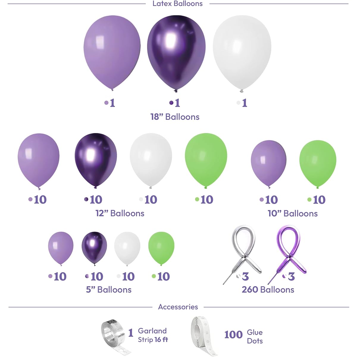 HOUSE OF PARTY Garland | Balloon Garland Light Year Party Supplies | 2 Infinity and More Birthday Decorations - Lilac, Chrome Purple, White, Lime Green Balloons