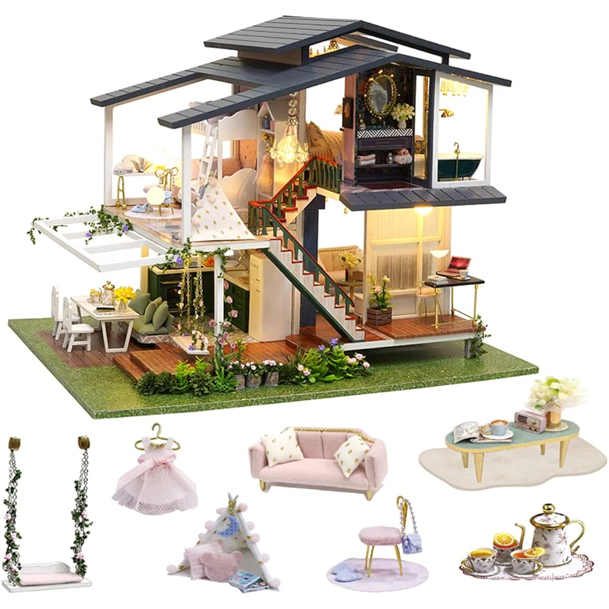 Flever Dollhouse Miniature DIY House Kit Creative Room with Furniture Romantic Artwork Gift (Monet Garden)