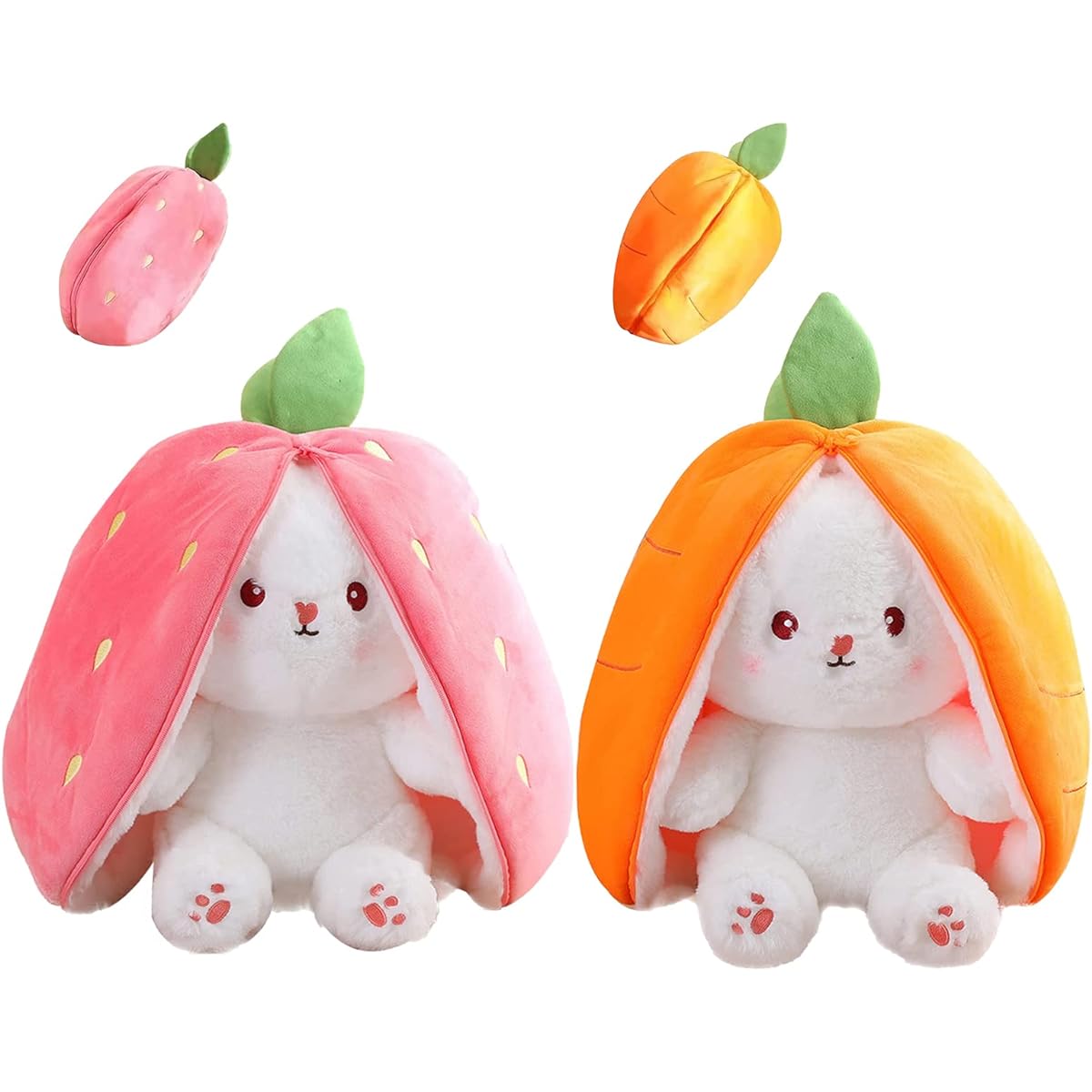 Mukorolee 2pcs Reversible Carrot Strawberry Bunny Plush Pillow with Zipper Easter Stuffed Animal Rabbit Plush Toy - Cute Birthday Gift for Kids (13.8" Set)