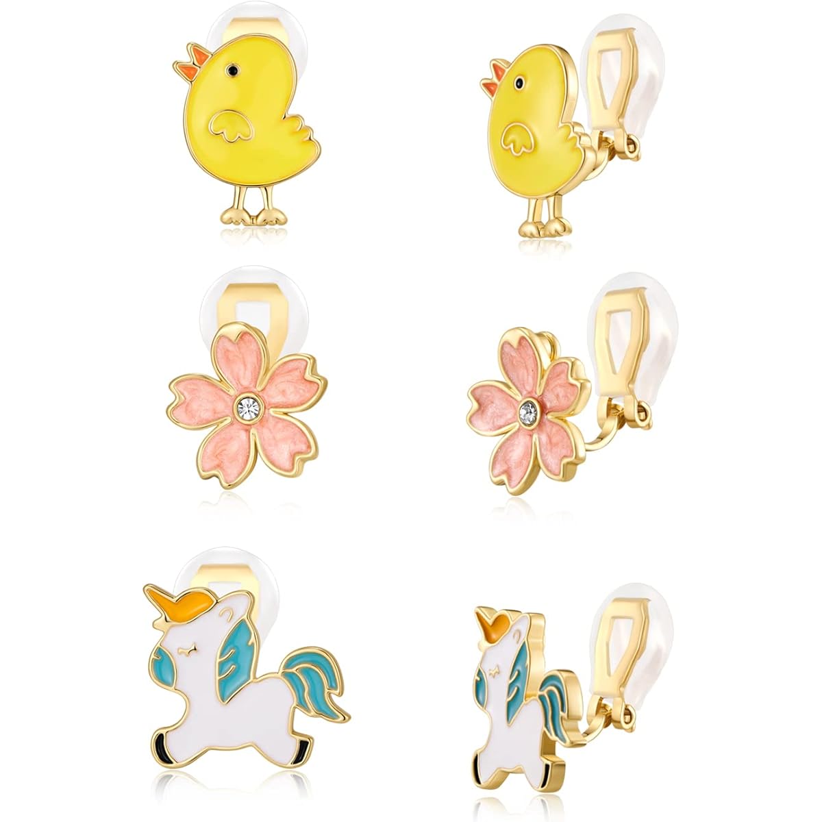 3 Pairs Kids Clip-on Earrings Set Girls Cartoon Unicorn Clip-on Earrings Pink Mermaid Clip-on Earrings Cute Kids Non-piercing Set