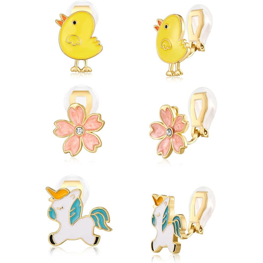 3 Pairs Kids Clip-on Earrings Set Girls Cartoon Unicorn Clip-on Earrings Pink Mermaid Clip-on Earrings Cute Kids Non-piercing Set