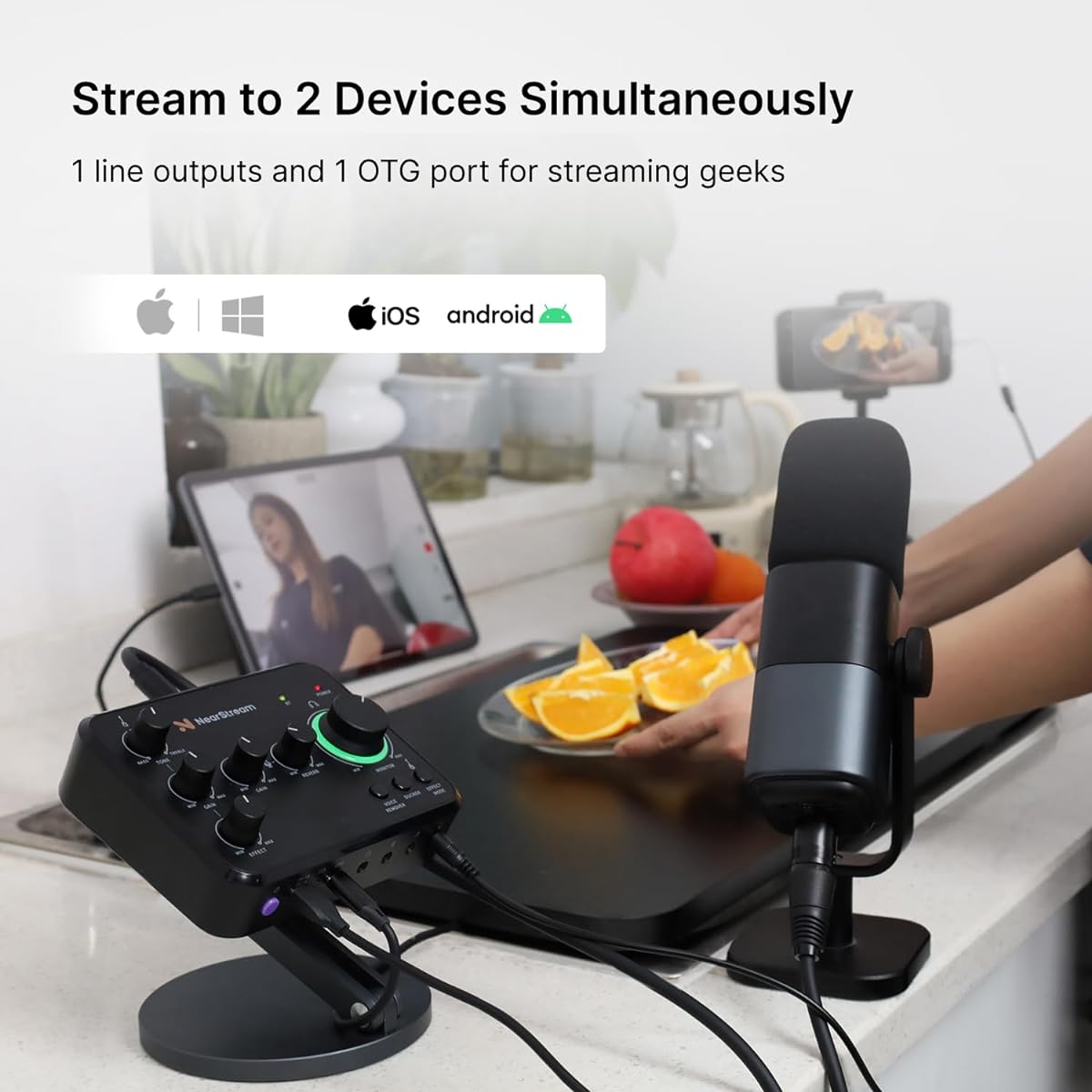 NearStream Audio Mixer Rechargeable Bluetooth USB Streaming/Podcast/Recording with XLR Microphone Connector 48V Power Supply Compatible with PC/Smartphone/Guitar Youtube/TikTok AMIX20B