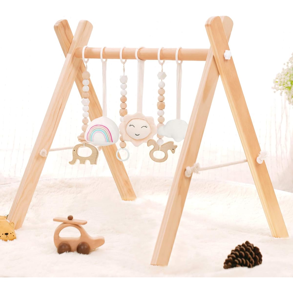 HAN-MM Wooden Baby Gym, 6 Wooden Baby Toys, Foldable Baby Play Gym Frame, Activity Gym, Hanging Bar, Newborn Gift, Baby Girl & Boy Gym (Natural Color)