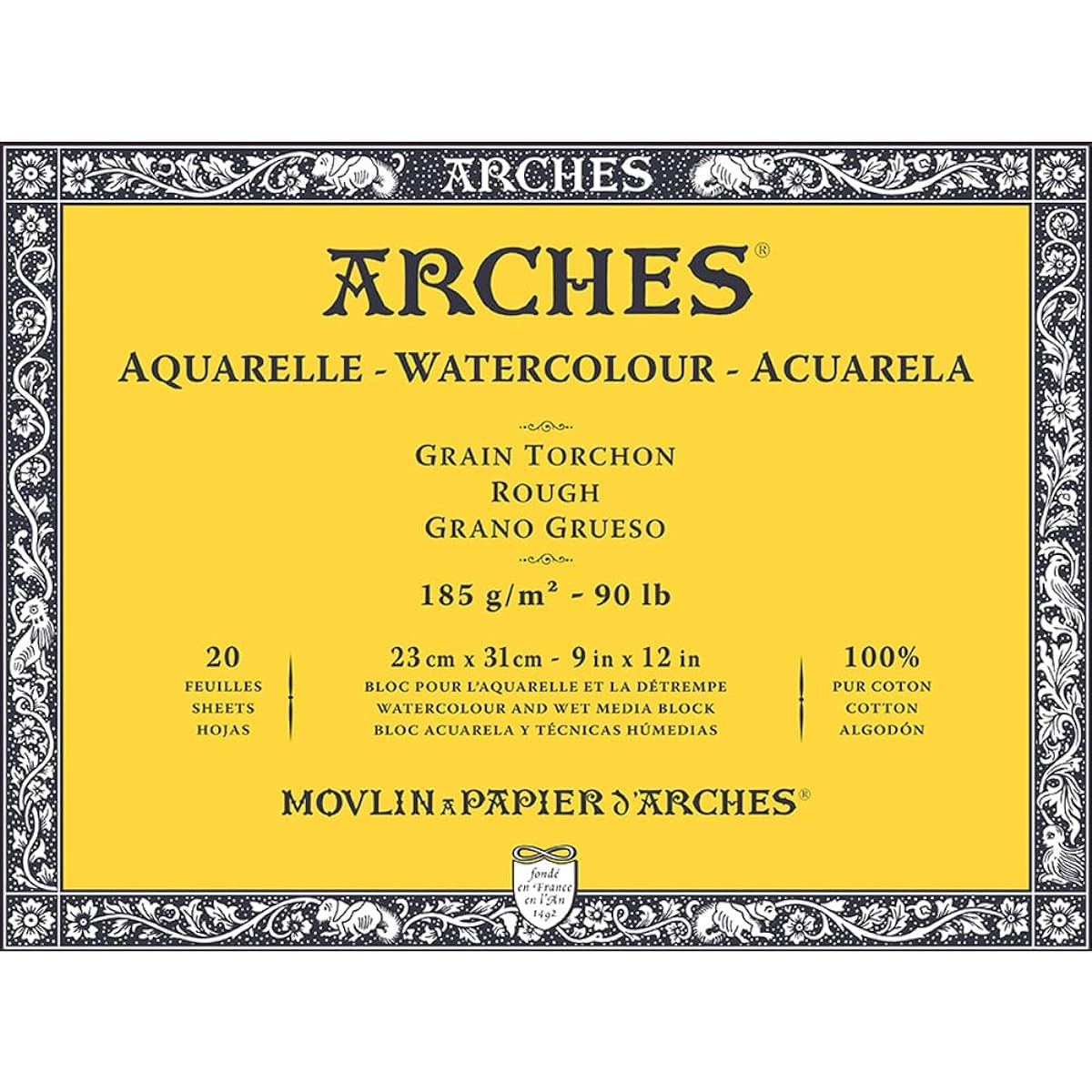 Arches Watercolor Paper Block 185g Coarse 23X31cm 20 Sheets (1795078) Natural White