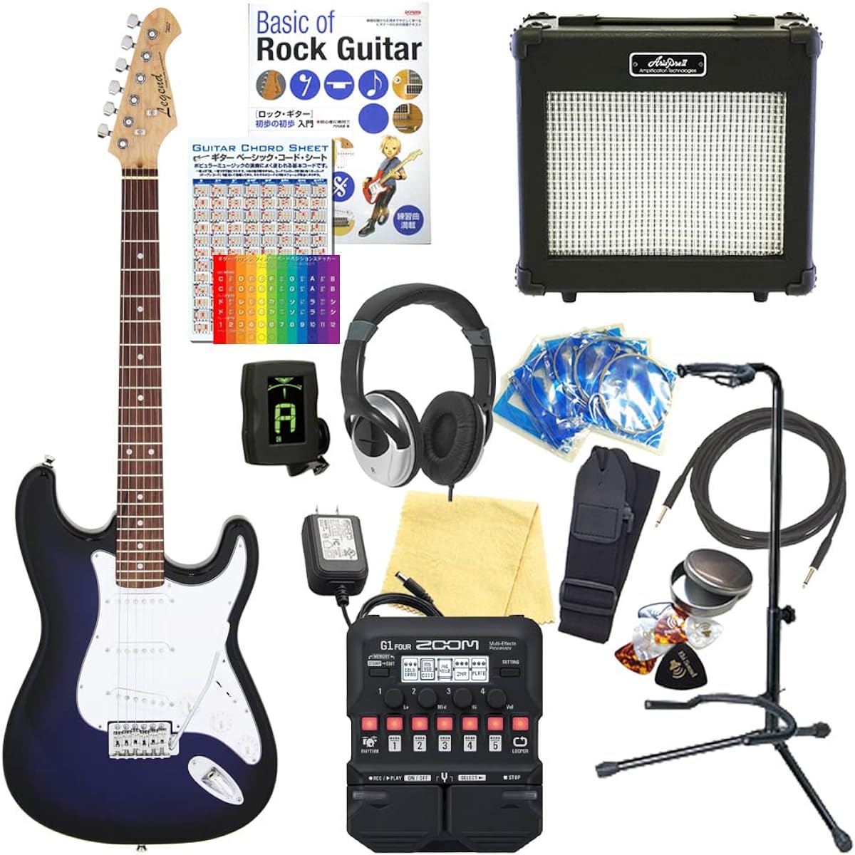 Electric Guitar Beginner Set Stratocaster Type 18-piece Set Legend LST-Z BBS [ZOOM G1Four Multi-effector Included]