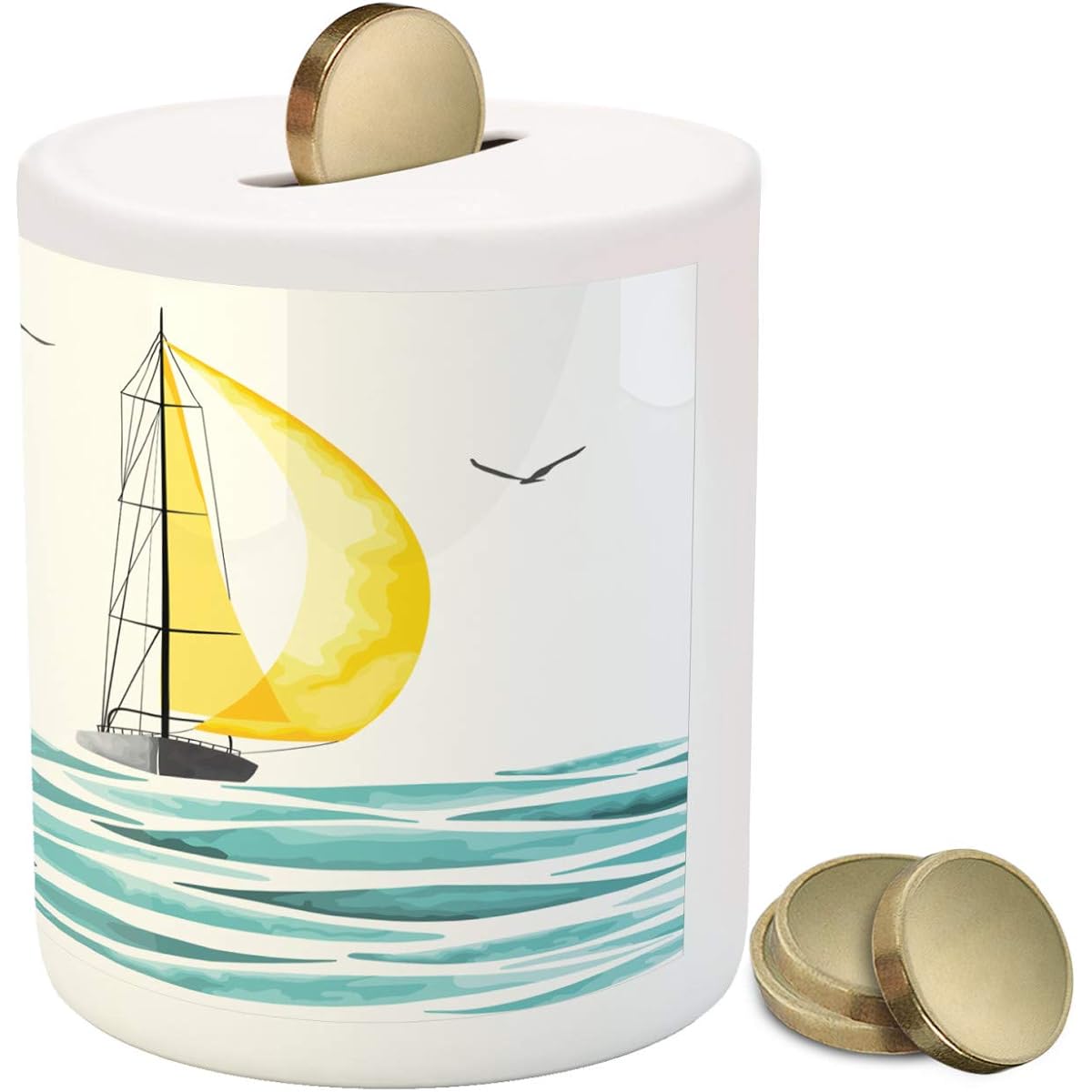 Ambesonne Sailboat Piggy Bank Set a Dream Sail Message Oggy Pattern Watercolor Waves Printed Ceramic Piggy Bank for Cash Savings, Sky Blue, Black and Yellow