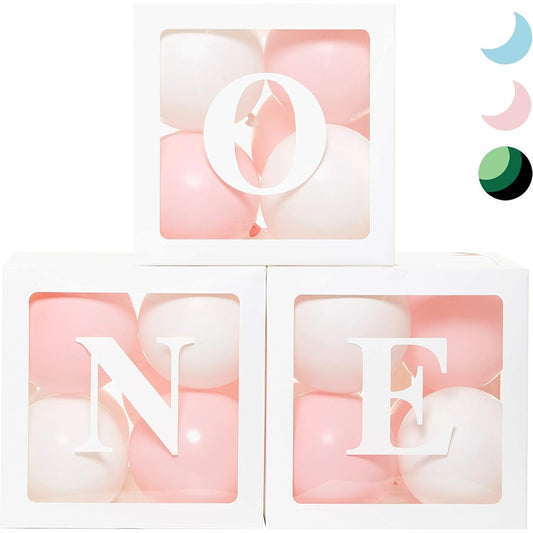 1st Birthday Balloon 'ONE' Boxes for Baby Girl with 24 Balloons – Baby 1st Birthday Girl Decoration Clear Cubes ONE Letters as Cake Smash Photoshoot Props First
