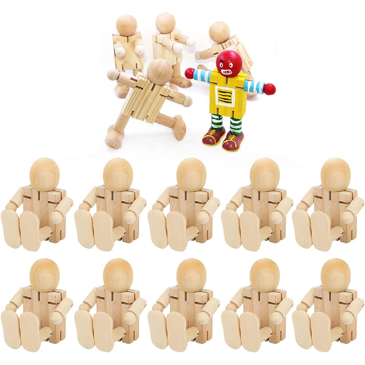 Natudeco 10pcs Unfinished Wooden Toys Wood Craft People Figures Unfinished Wooden Figure Kits Adjustable Joints Robot Paintable Kids Early Learning Doll Toys Home Decoration