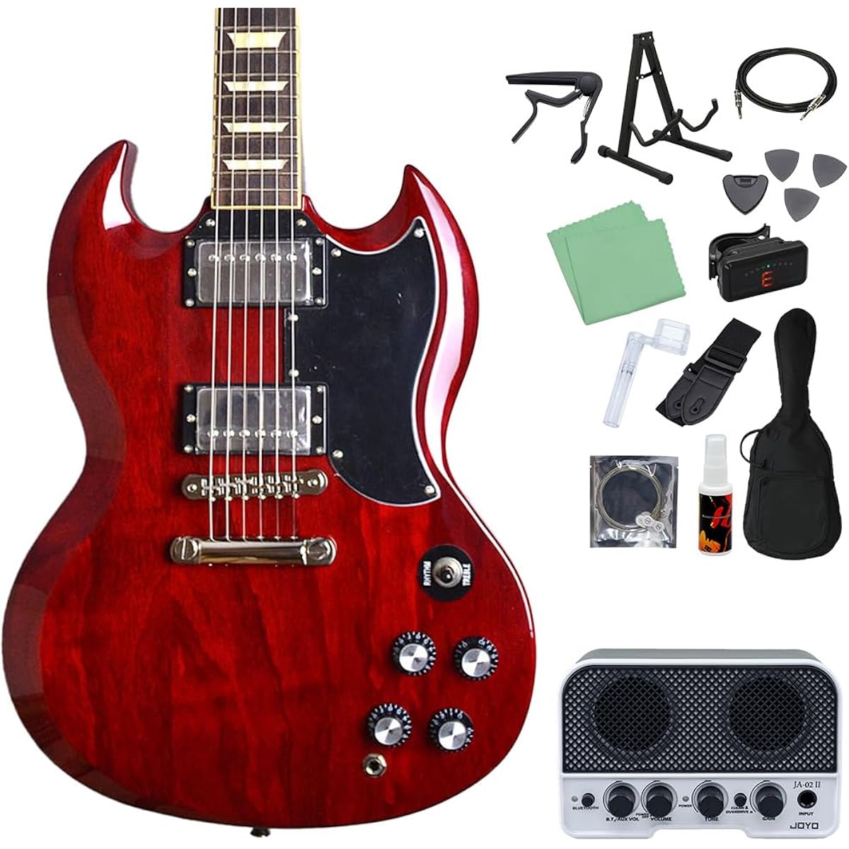Burny SRSG55 Cherry Electric Guitar Beginner 14-piece Set [Includes Bluetooth Mini Amplifier] SG Burny