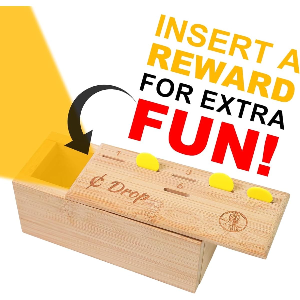 FULLOSUN Coin Drop Game Box Penny Dice Game Bamboo Tabletop Board Game Set for 2-6 Players Wooden Penny Game Box (Bamboo Chips + Dice Included)