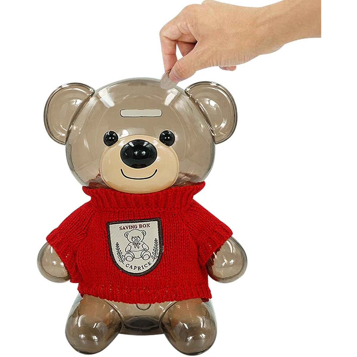 DreamsEden Cute Bear Piggy Bank Big Adorable Plastic Money Coin Box with Knitted Clothes Decoration (Opaque Storage Box, Beige)