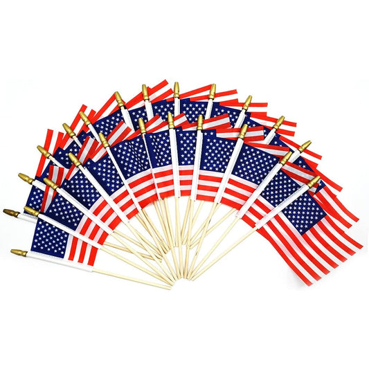 48 Pack Small American Flags with Sticks Wooden Handheld American Flags Mini American Flags American Independence Day Memorial Day 4th of July Decorations 4" x 6"