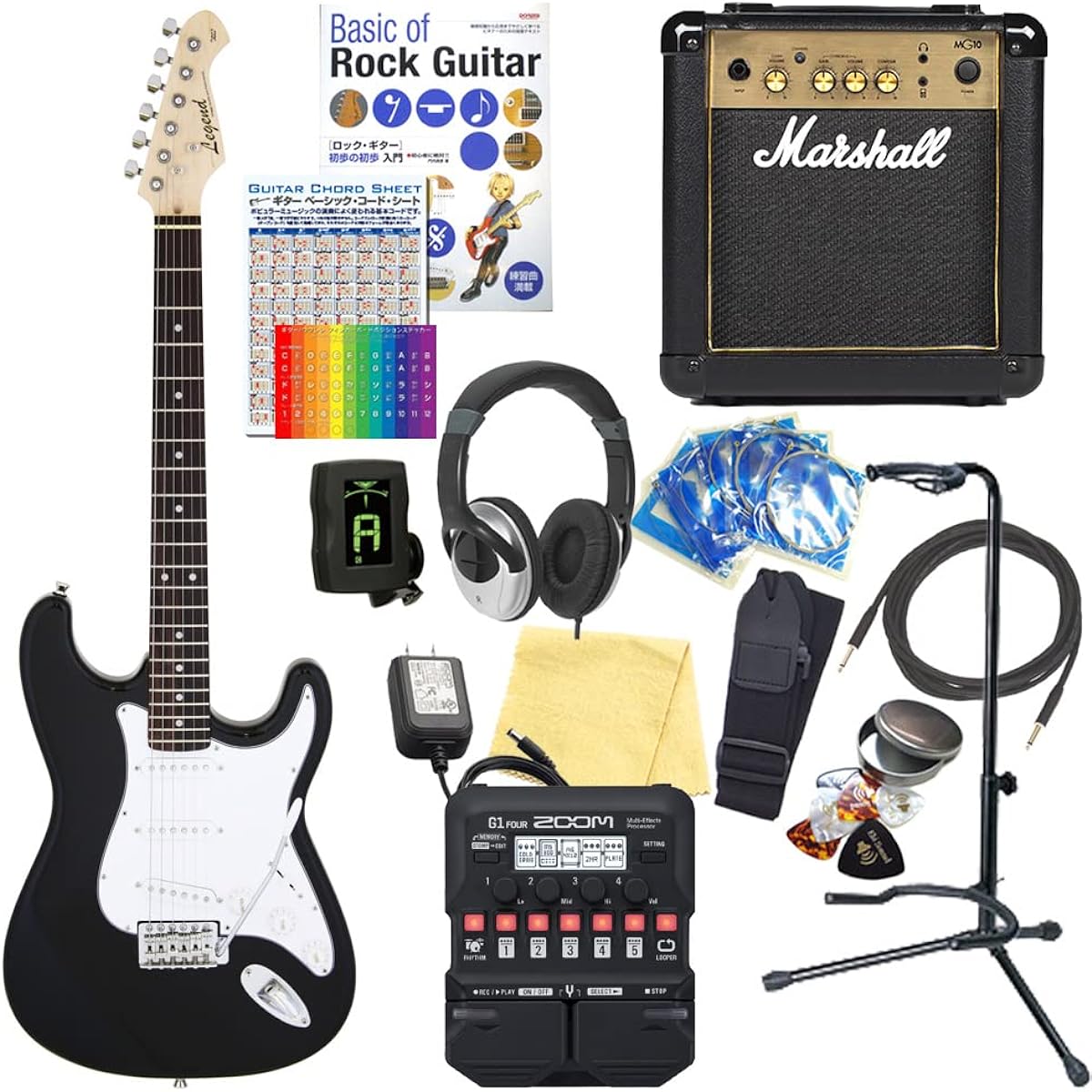 Electric guitar beginner set Stratocaster type 18-piece set with Marshall amp Legend LST-Z BK [ZOOM G1Four multi-effector included]