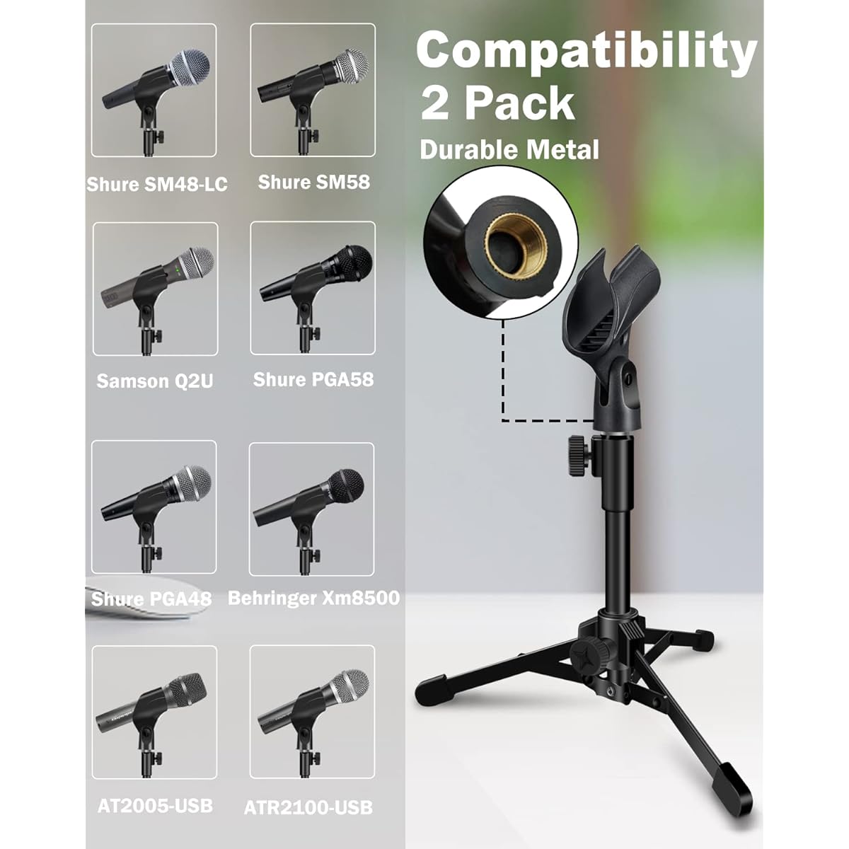 Mictop 2 Pack Desktop Microphone Stand Portable Foldable Tripod with Microphone Clip Holder Adjustable Mic Stand Compatible with Dynamic Microphones like Samsung Q2U Shure SM58 SM57 PGA48 PGA58