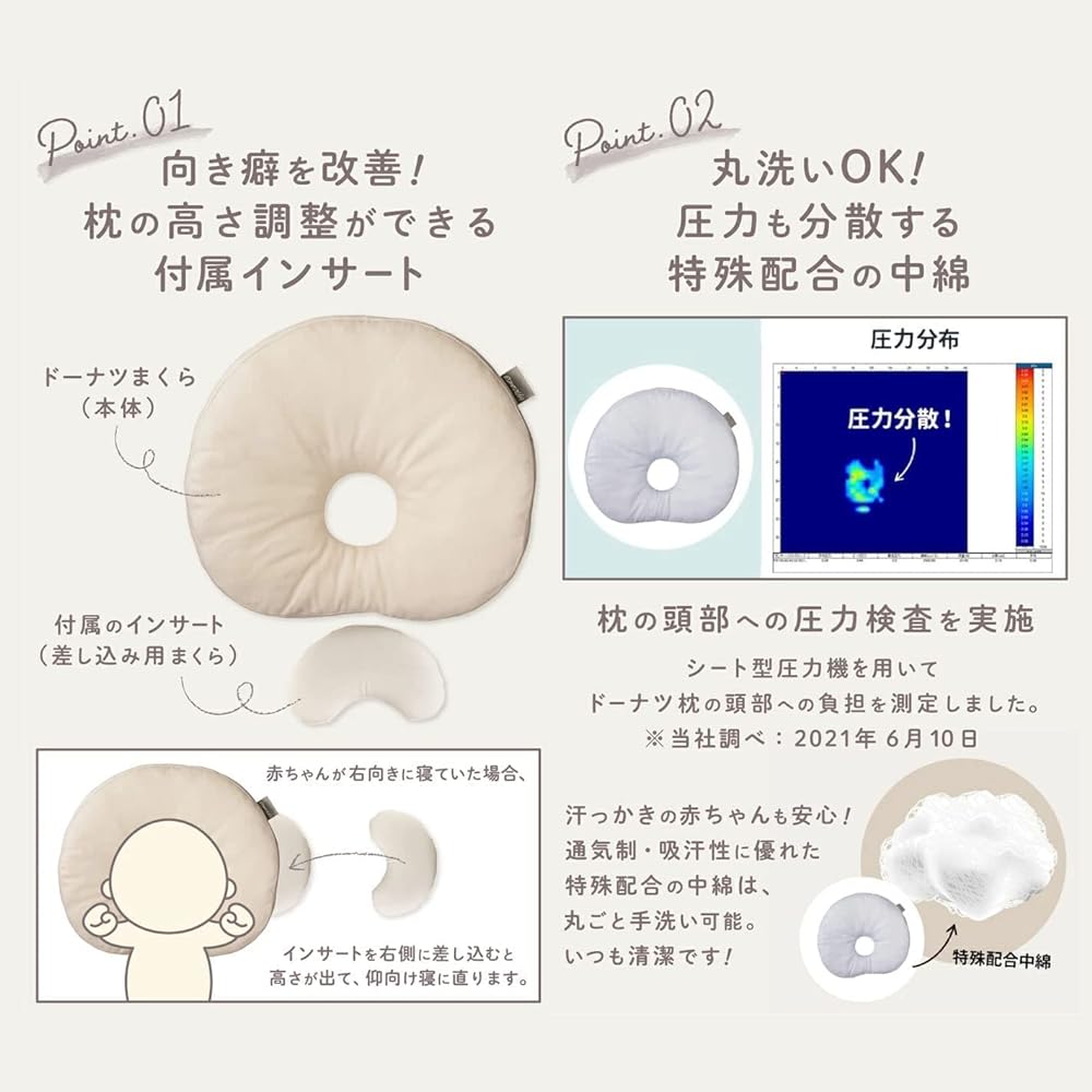 ESMERALDA Insert Donut Pillow Baby Pillow Cotton Made in Japan Washable Set of 2 (Citron, Hello)