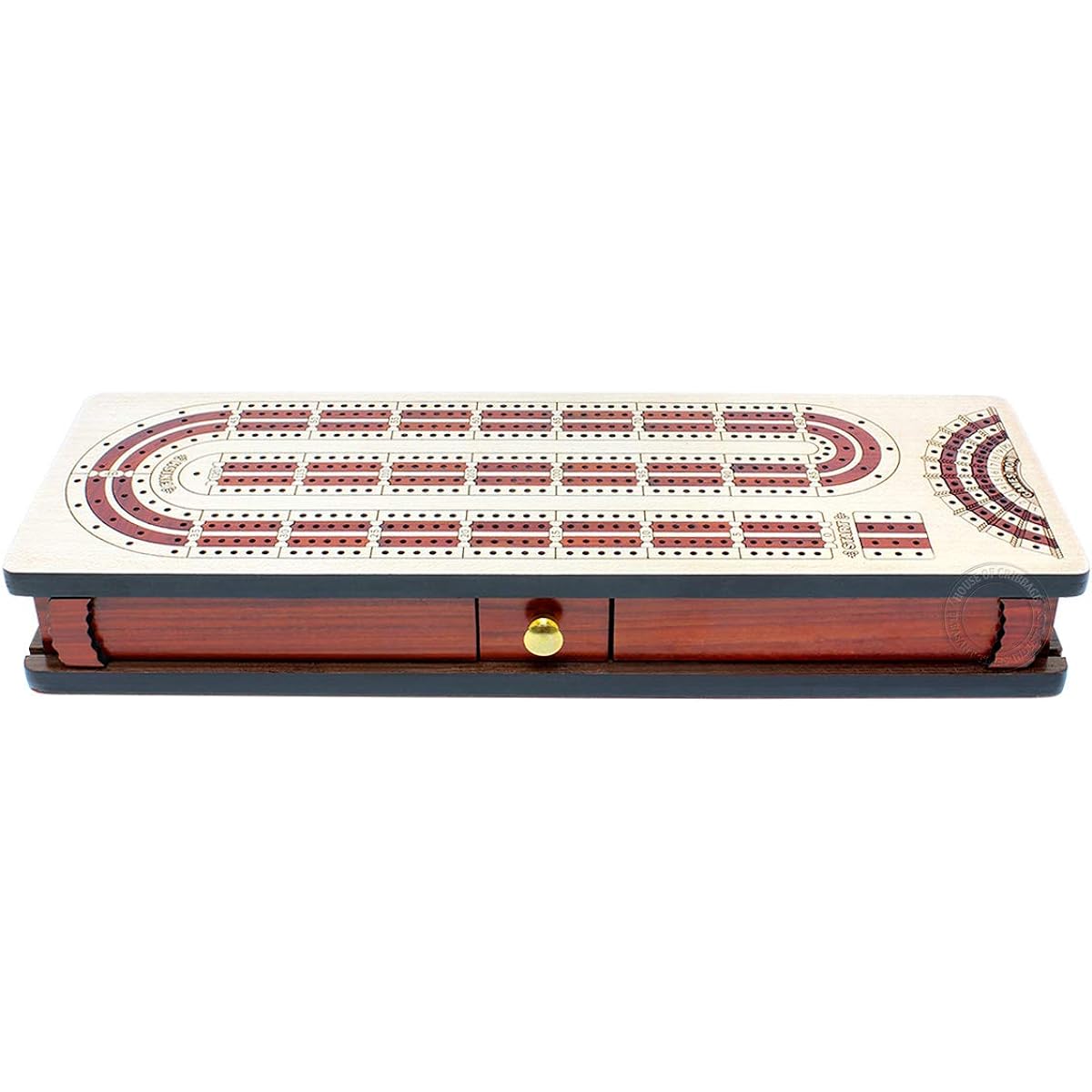 House of Cribbage - 4 Track - Continuous Cribbage Board Alphabet E Shape Maple Wood Inlay / Bloodwood: Size - 13.5" x 4.75" - Separate Storage Space for Two Decks of Cards and Pegs