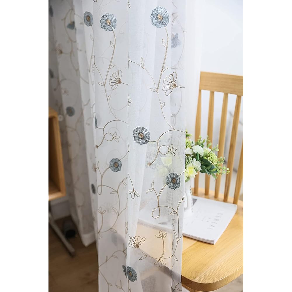 Ponoa Luxury Embroidered Floral Lace Curtain with Adjuster Hook Voile Curtain (2 pieces) (Width 150cm x Length 223cm, Blue, Lace Curtain)
