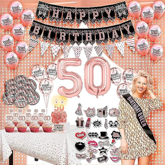50th Birthday Decorations for Women (104 Pack) Rose Gold Party Banner, Pennants, Hanging Swirls, Birthday Balloons, Foil Backdrop, Cupcake Toppers, Plates, Photo Props, Sash, Tablecloth, Candles, Pom Poms