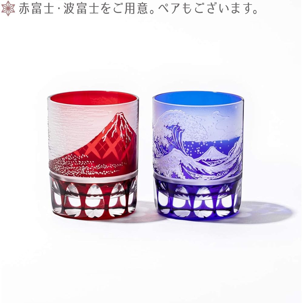 [Taimuro Kobo Official] Edo Kiriko Red Fuji and Yarai Crest Old Glass (Red) TB15-203R Wooden Box Made in Japan