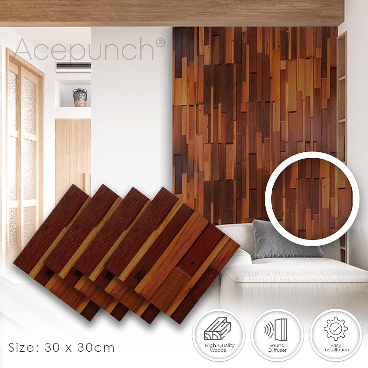 Acepunch 12pcs 3D Wood Wall Art Panels Decorative Sound Tiles for Soundproofing Acoustic Music Insulation for Home Office or Room Studio Deluxe Nordic Style 30 x 30 cm AP1238