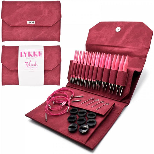 Lykke Interchangeable Knitting Needles, 5" Inch Blush Wooden Needles, Knitting Needles Set - (Crimson Denim Effect)