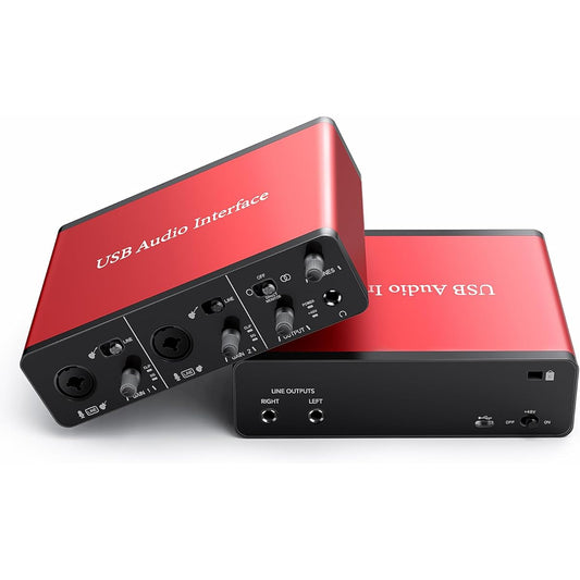 2i2 USB Audio Interface (24-bit/192kHz) + 48V phantom power, plug and play, ultra-low latency noise-free red color XLR audio interface for recording podcasting and streaming (software not included).