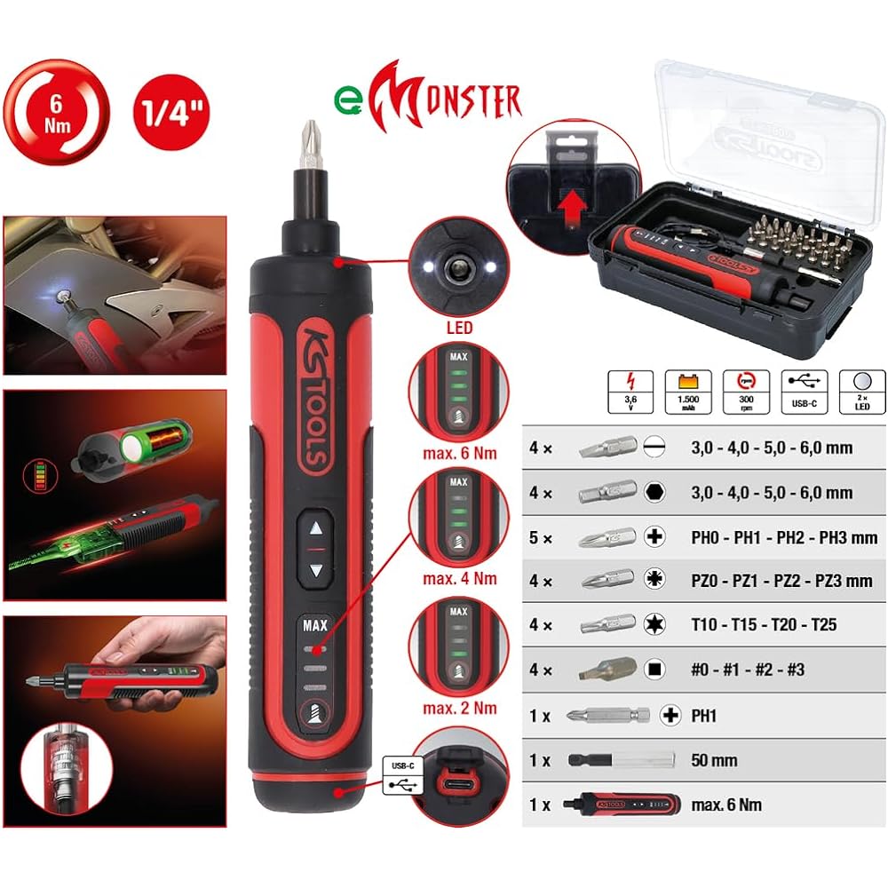 KS Tools eMONSTER 1/4" Cordless Bit/Baton Driver Set 27 Pieces 515.3600