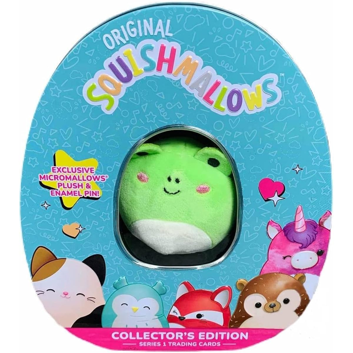 Squishmallow Official Kellytoy Collector's Tin Set Micromallow Exclusive Pins and Trading Cads Choose Your Favorite Collect them all (Wendy the Frog)