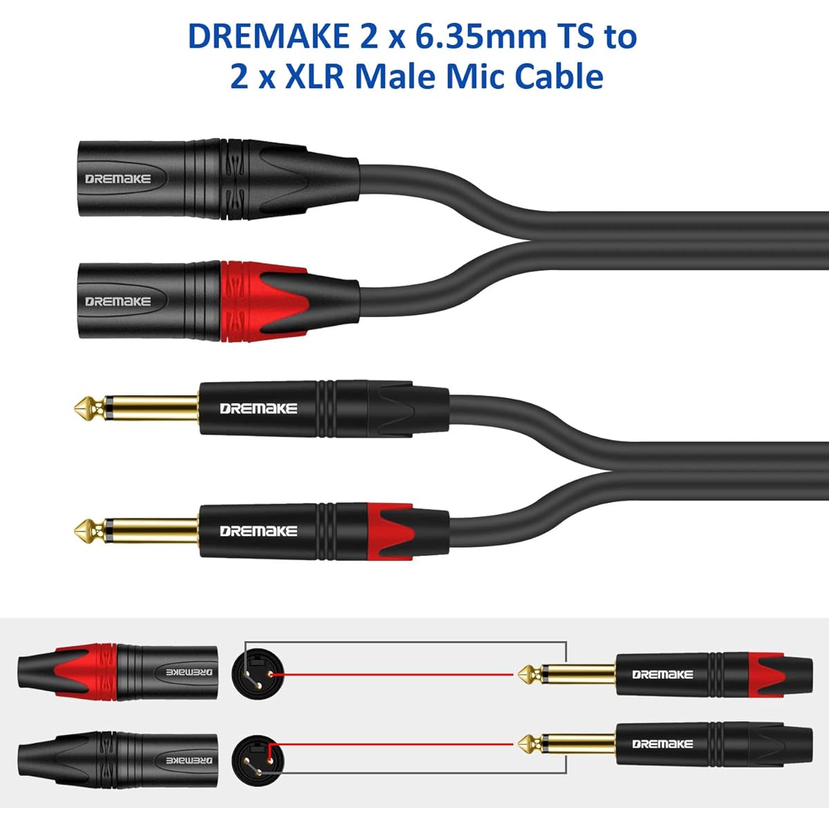 DREMAKE Dual 3 Pin XLR Male to Dual 6.35mm 1/4" TS Mono Mic Patch Cable 1.6ft/0.5M XLR to TS 1/4" 6.35mm Splitter Adapter Cable Dual 1/4" Mono to Dual XLR Unbalanced Microphone Audio Cord